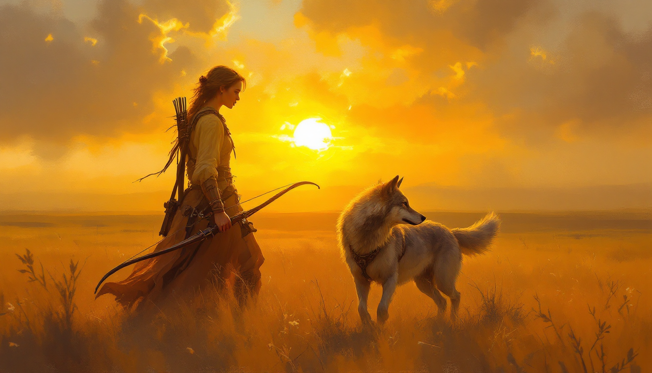 Woman archer with a bow walking beside a white wolf at sunset.