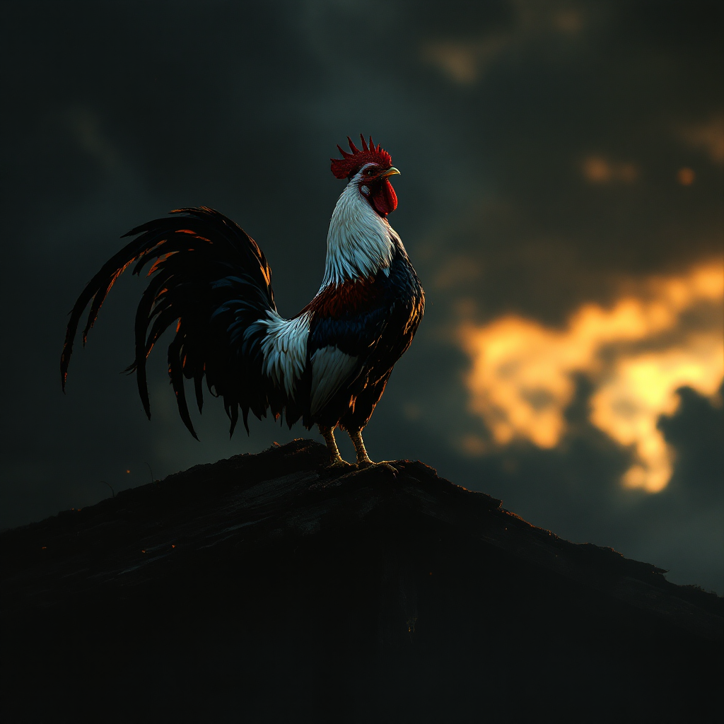 Colorful rooster perched on a dark hill at sunset with dramatic backlighting