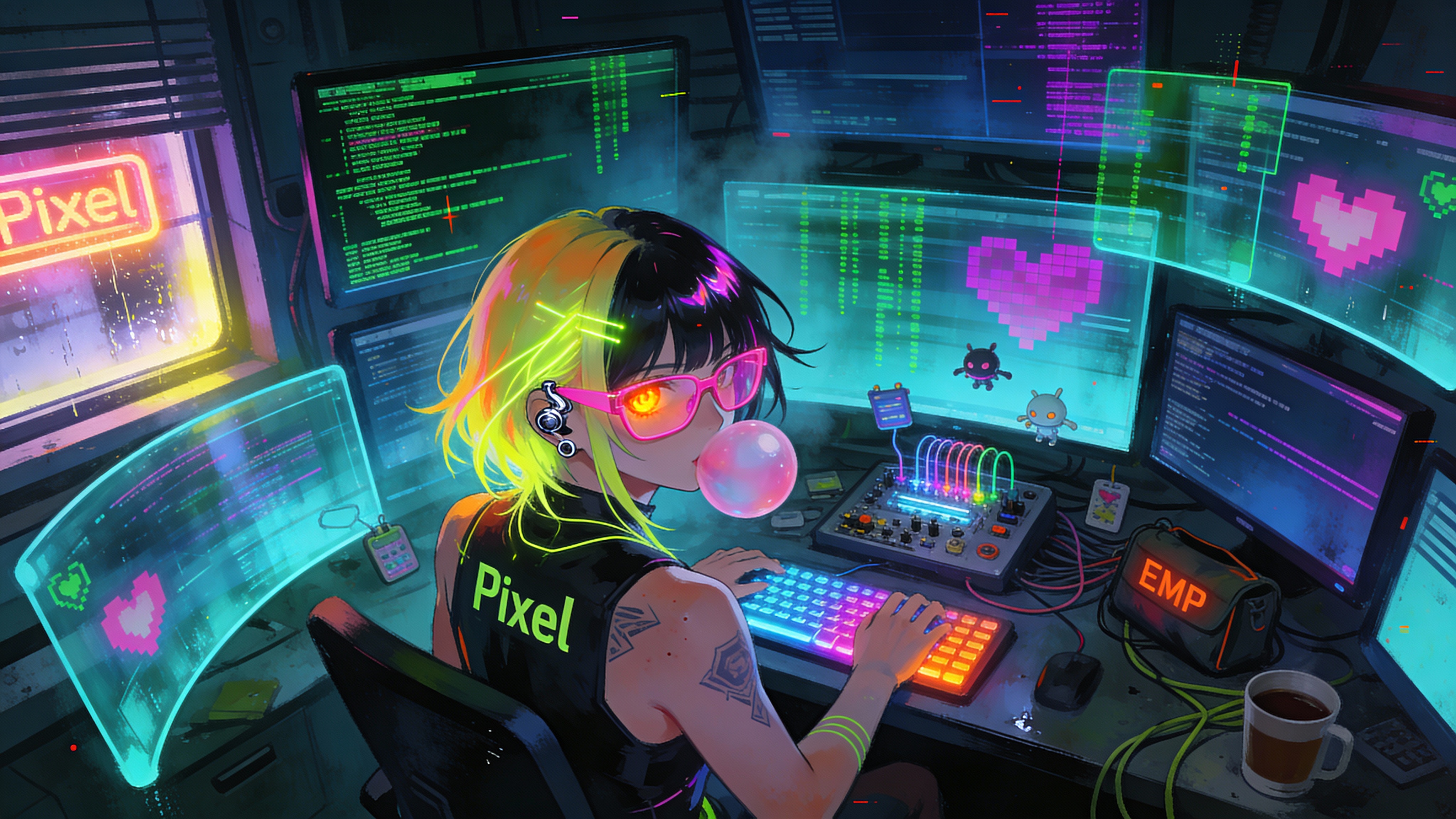 Cyberpunk gamer girl with neon hair and pink glasses at a multi-monitor desk filled with code and pixel hearts.