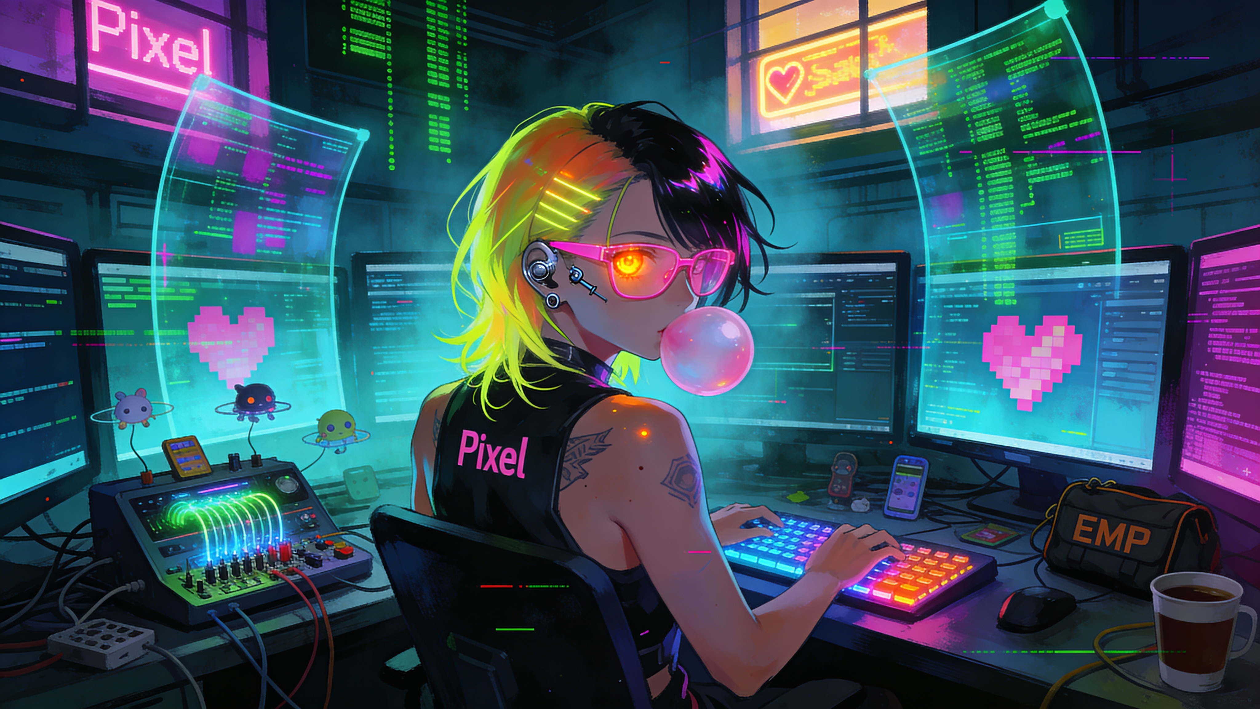 Cyberpunk hacker with neon hair and pink glasses at a multi-screen RGB workstation.