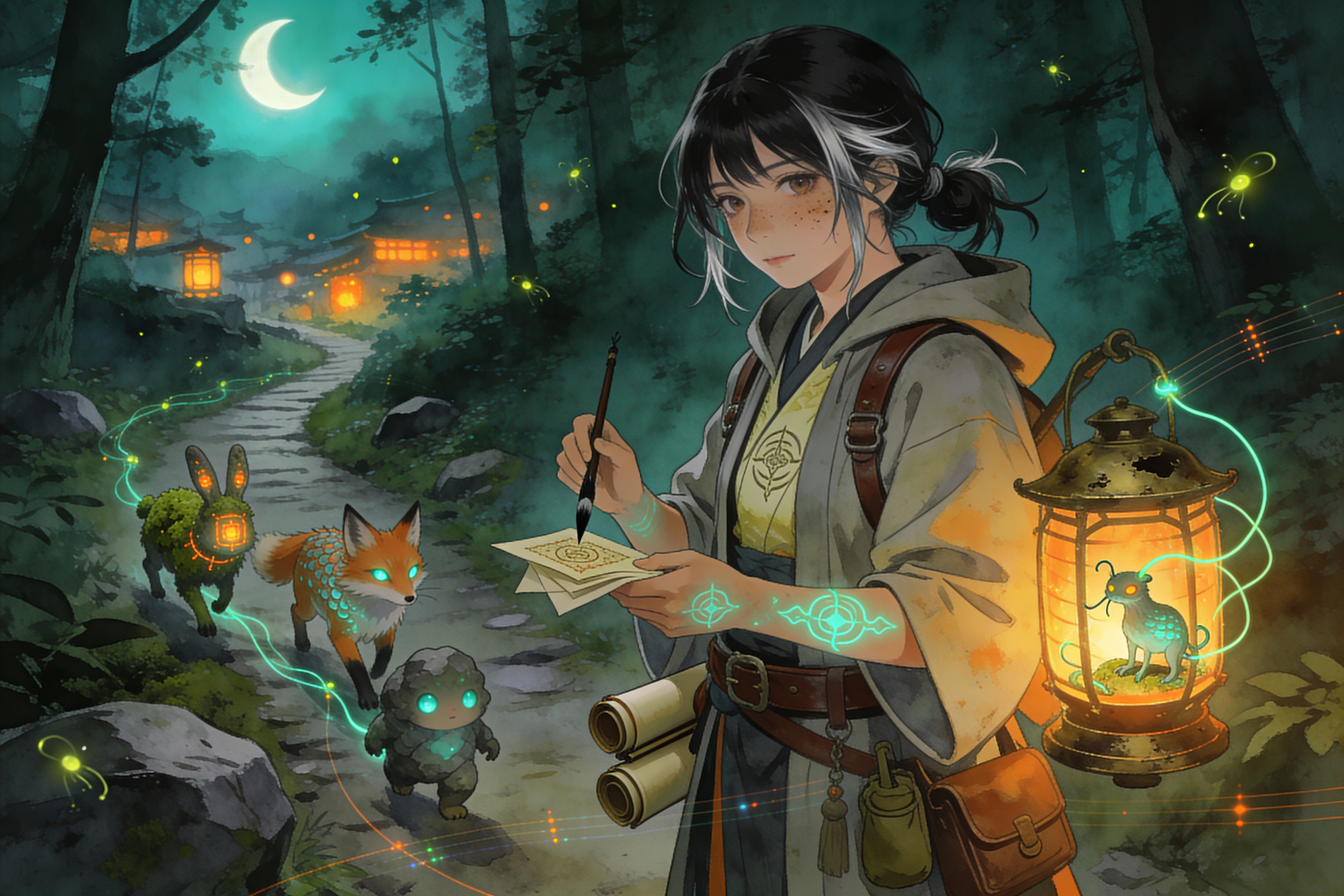 Anime-style girl in a moonlit forest painting glowing runes with a lantern and small magical creatures nearby.