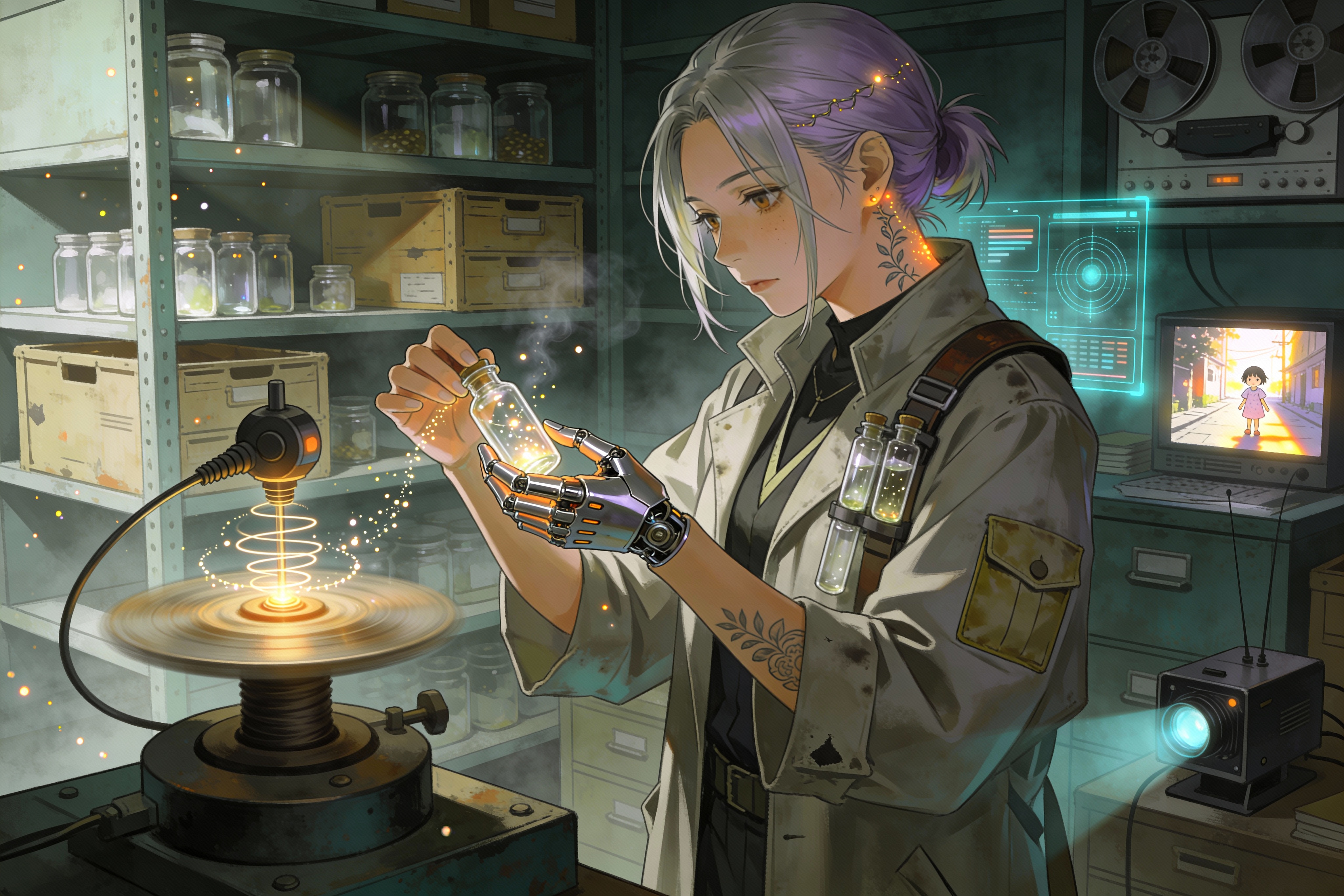 Anime-style scientist with a robotic arm examines a vial in a futuristic lab.
