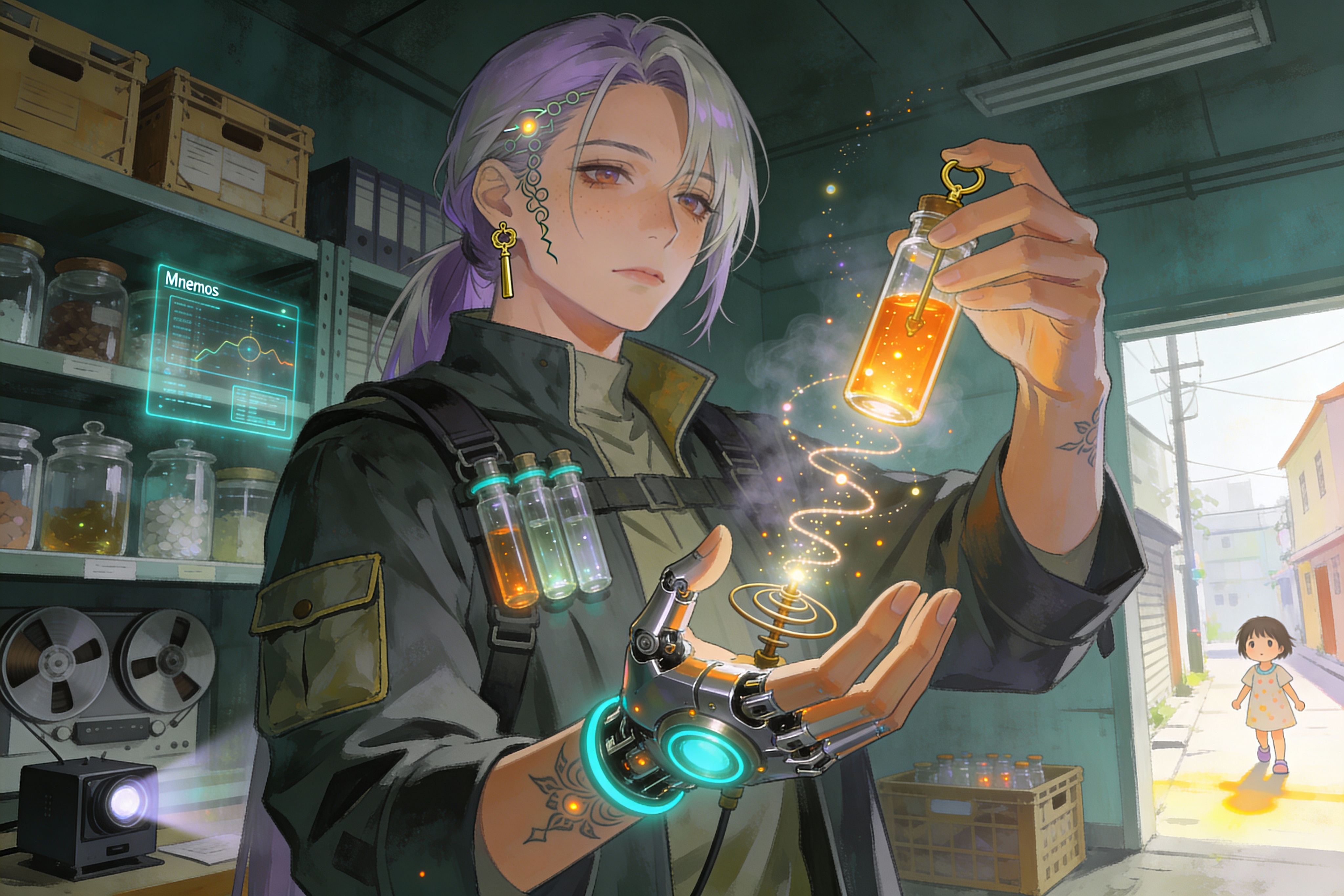 Futuristic scientist with purple hair in a lab, holding a glowing orange vial while a cybernetic prosthetic hand hovers ov...