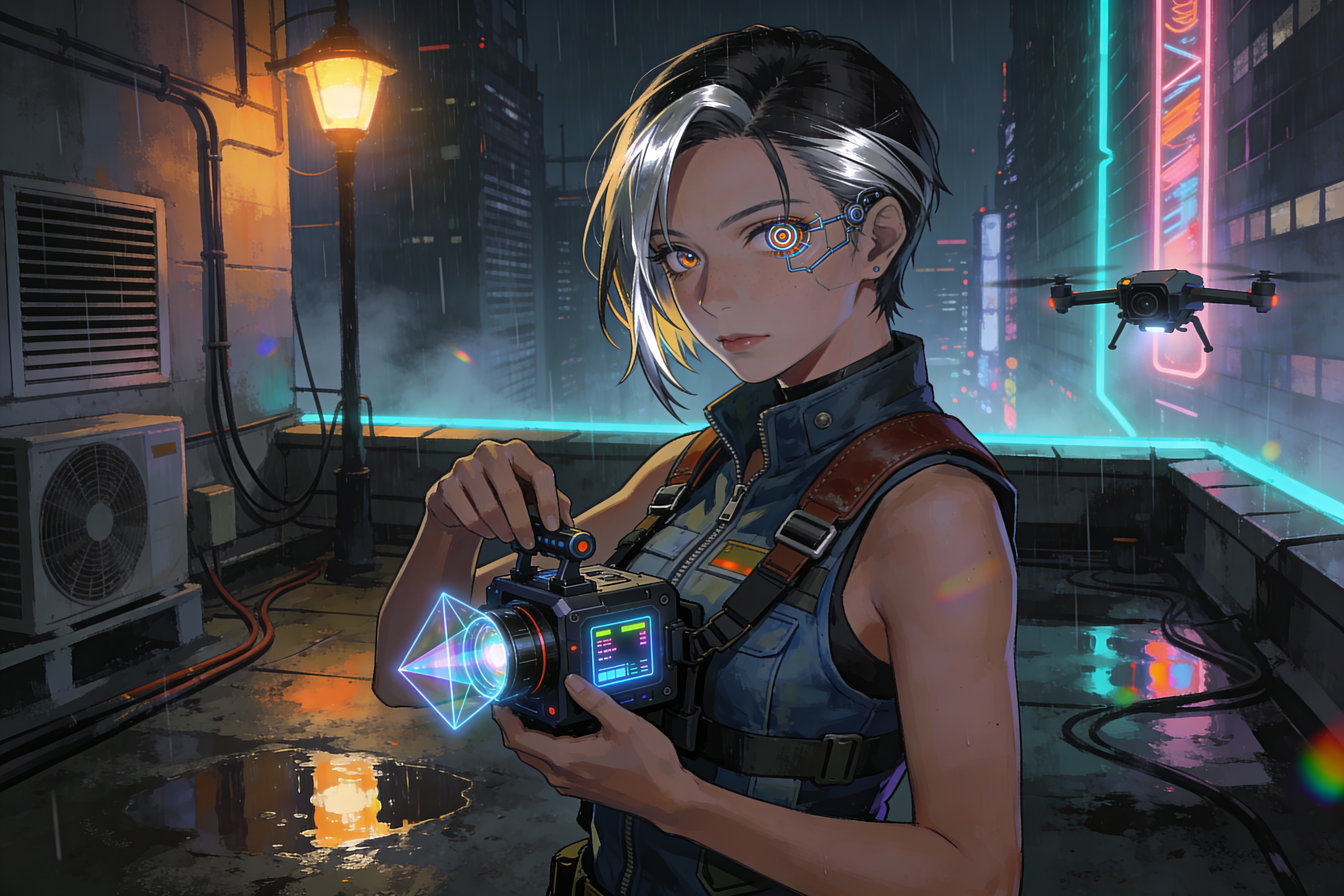 Cyberpunk female photographer on a rain-soaked rooftop with a drone and neon city backdrop.