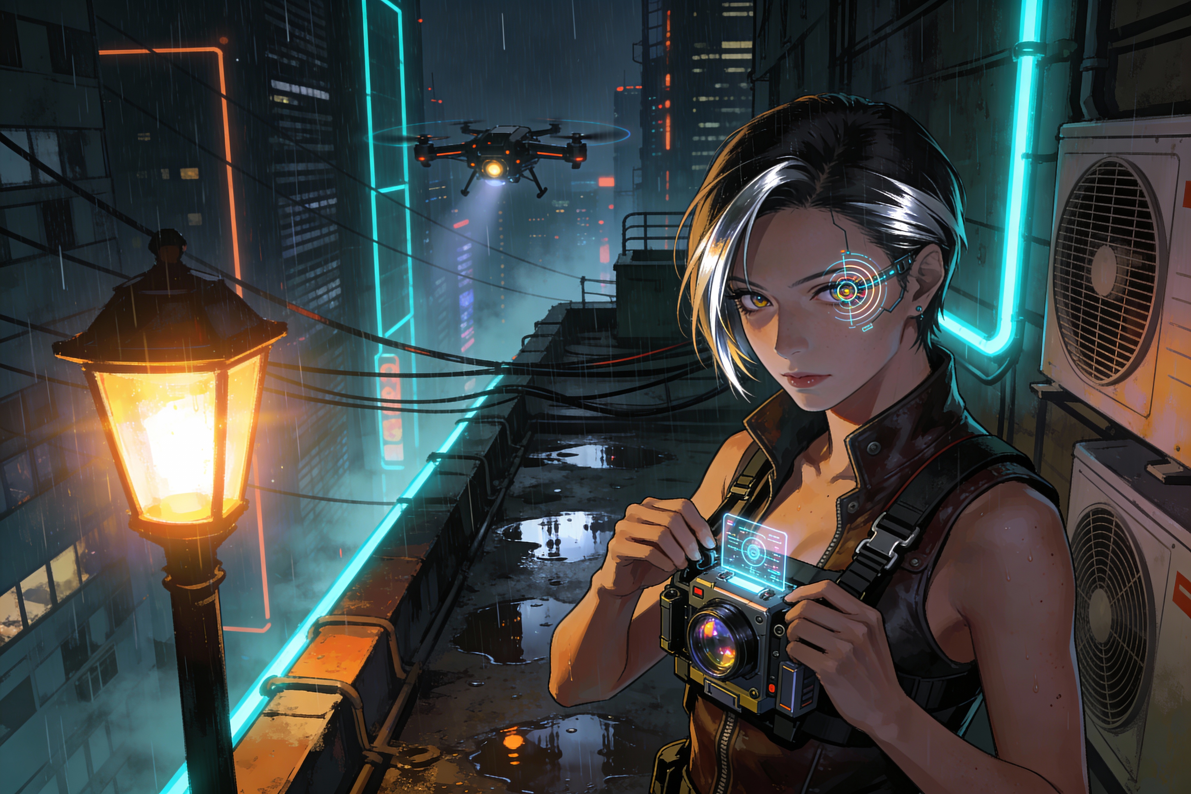 Futuristic female photographer on a neon-lit rooftop with a drone in a rainy cyberpunk city
