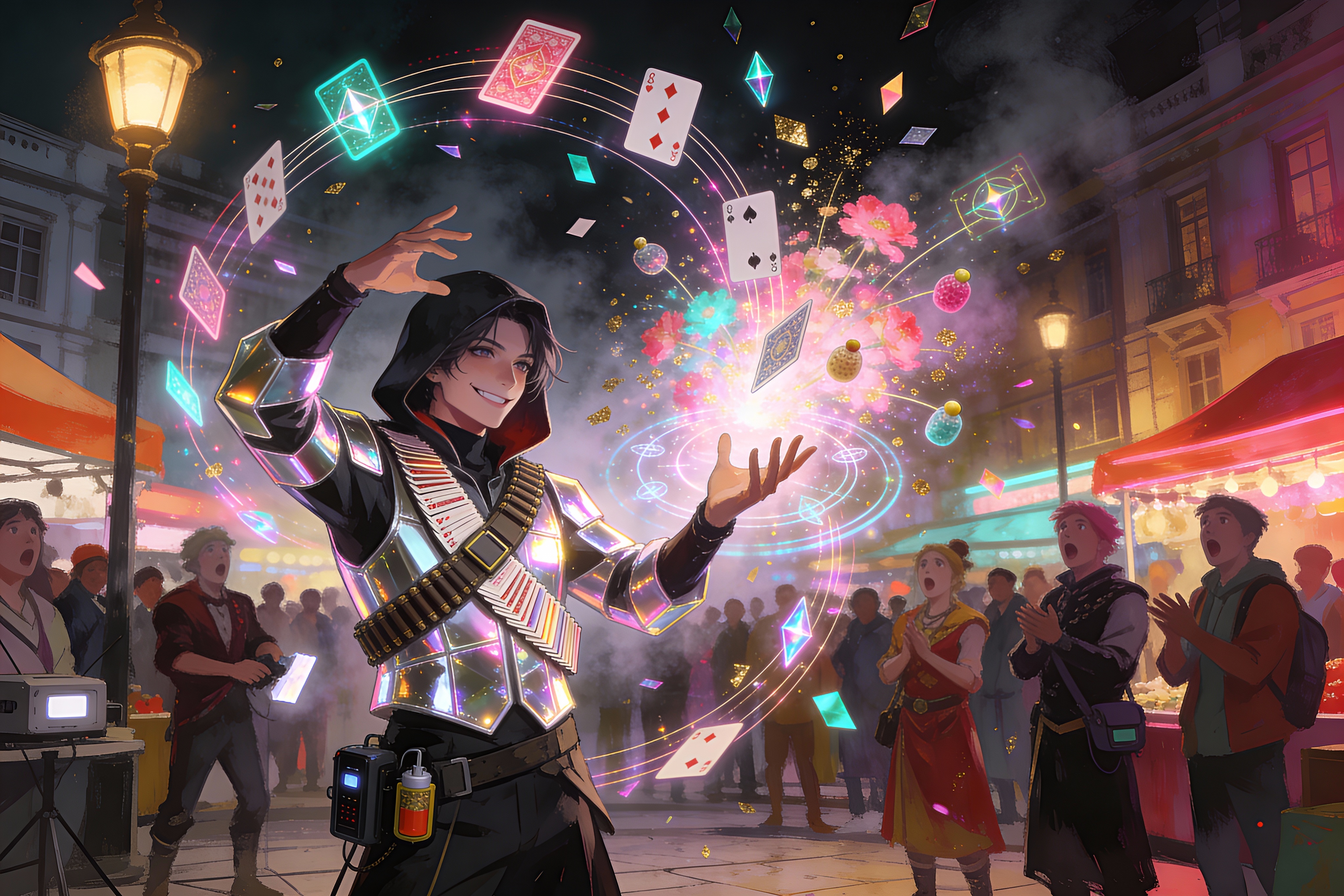 Street magician performing a glowing card illusion at a nighttime city festival with a cheering crowd.