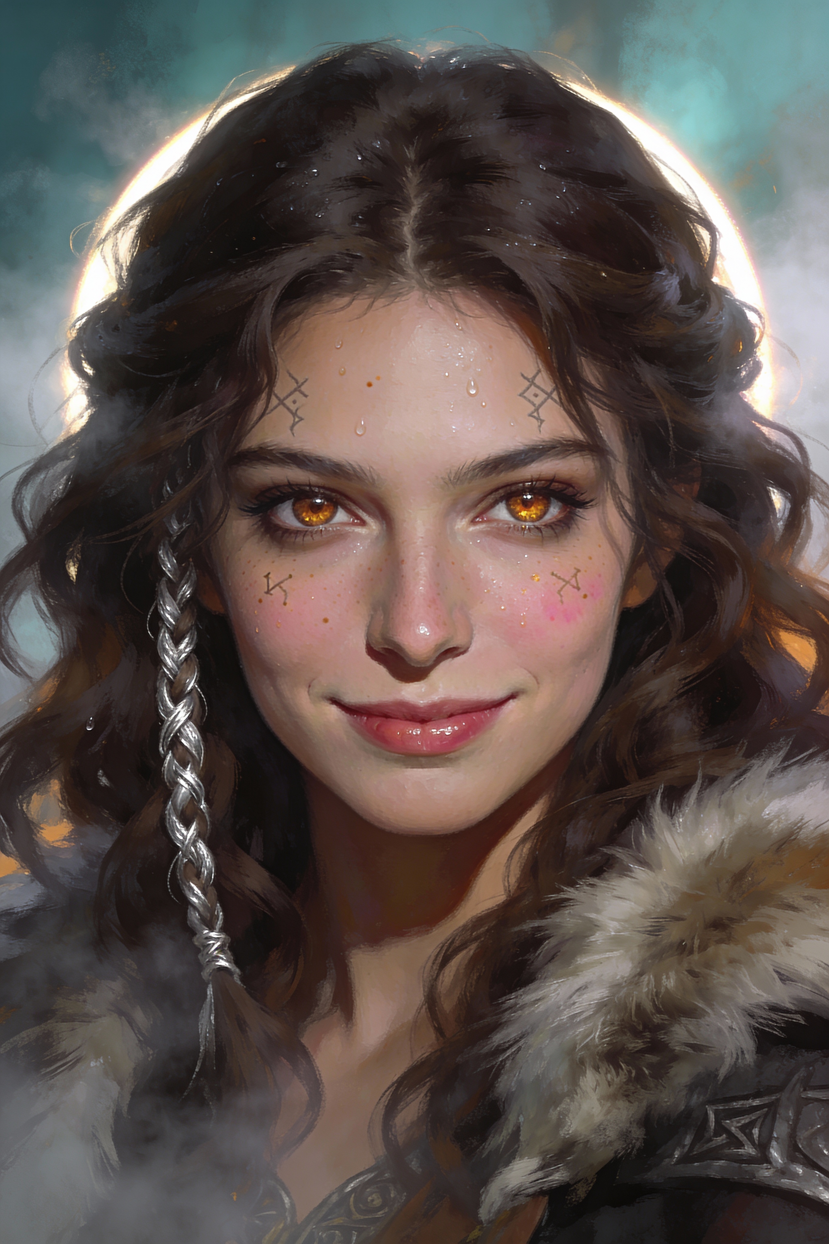 Fantasy portrait of a young woman with glowing golden eyes, facial markings, and braided silver strand.