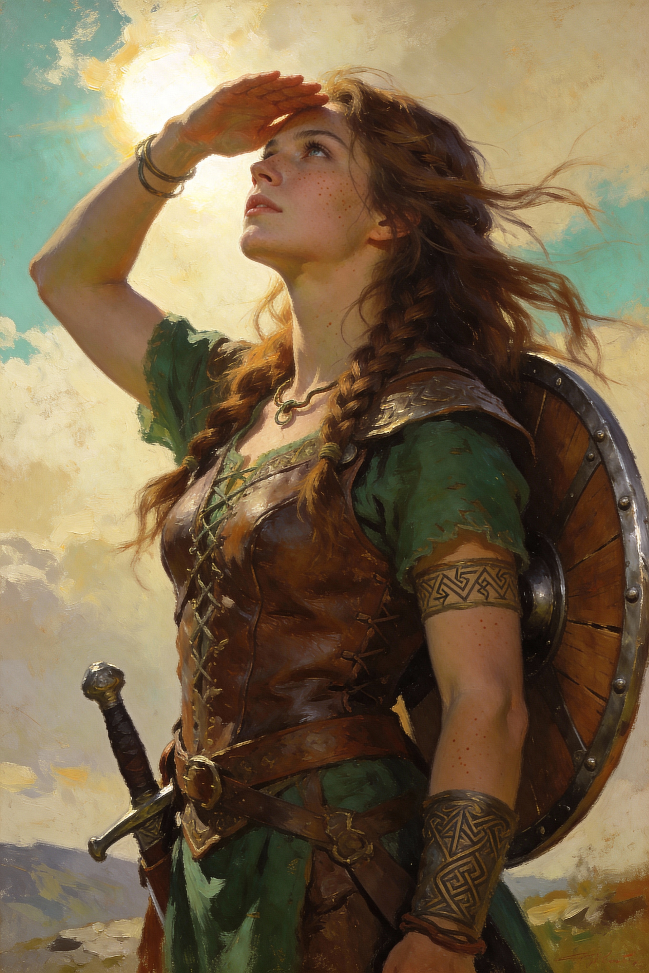 Woman warrior in medieval armor shielding eyes, holding a round shield with a sword at her side.