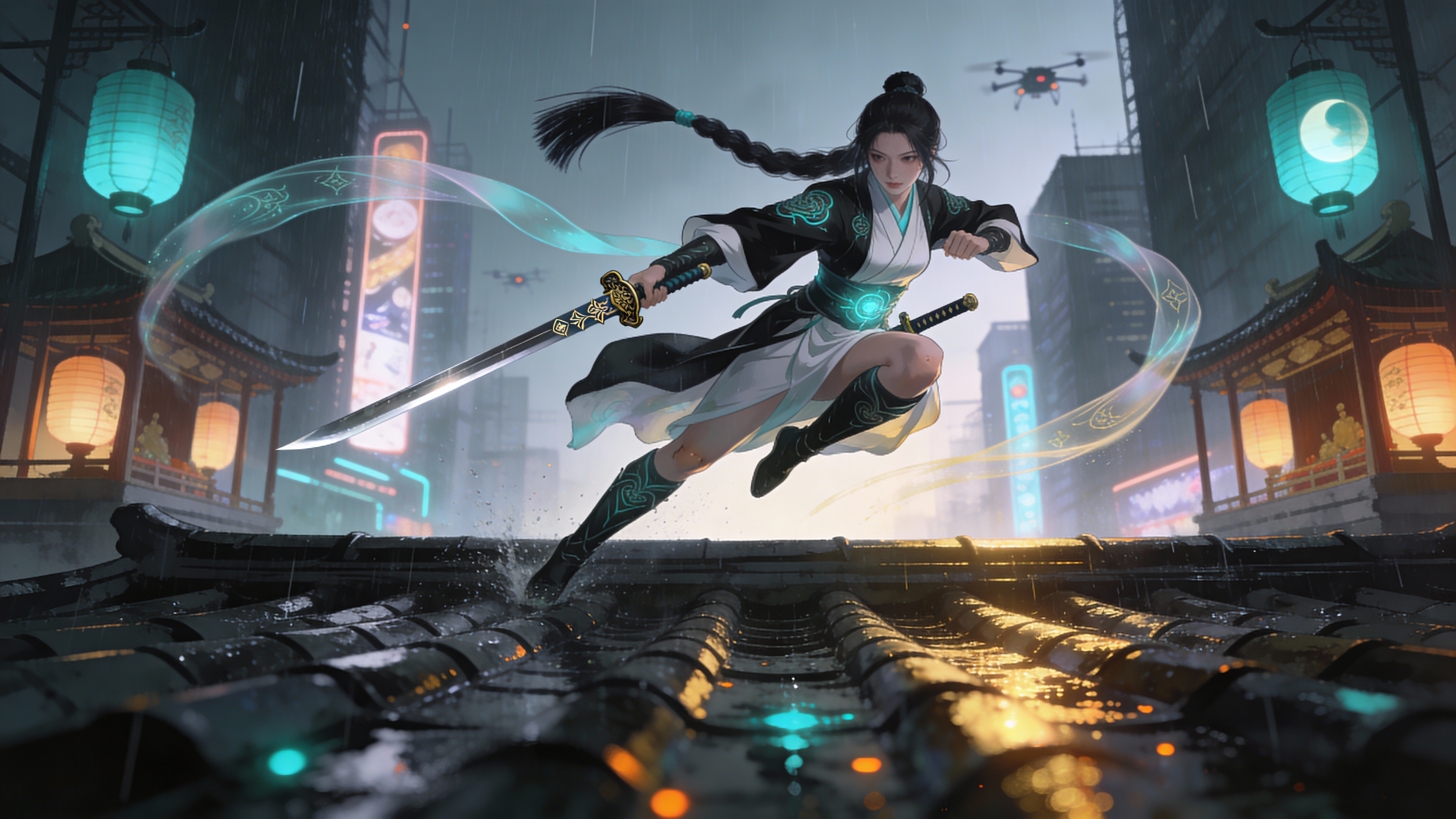 Dynamic female warrior in white-green armor leaps with a glowing sword over a rain-soaked rooftop in a neon city.