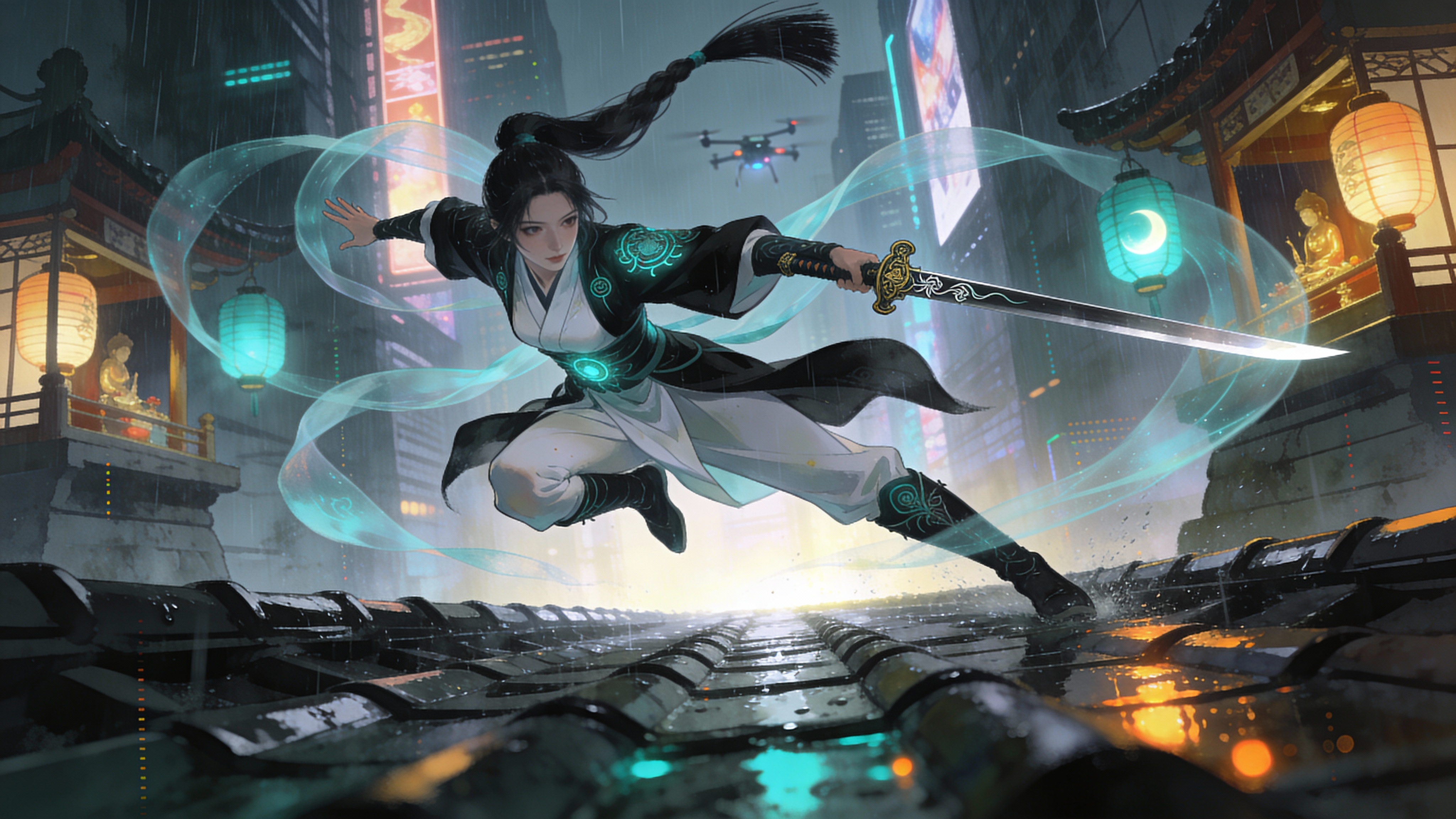 Dynamic martial artist leaping on a rainy neon-lit street with a curved sword.