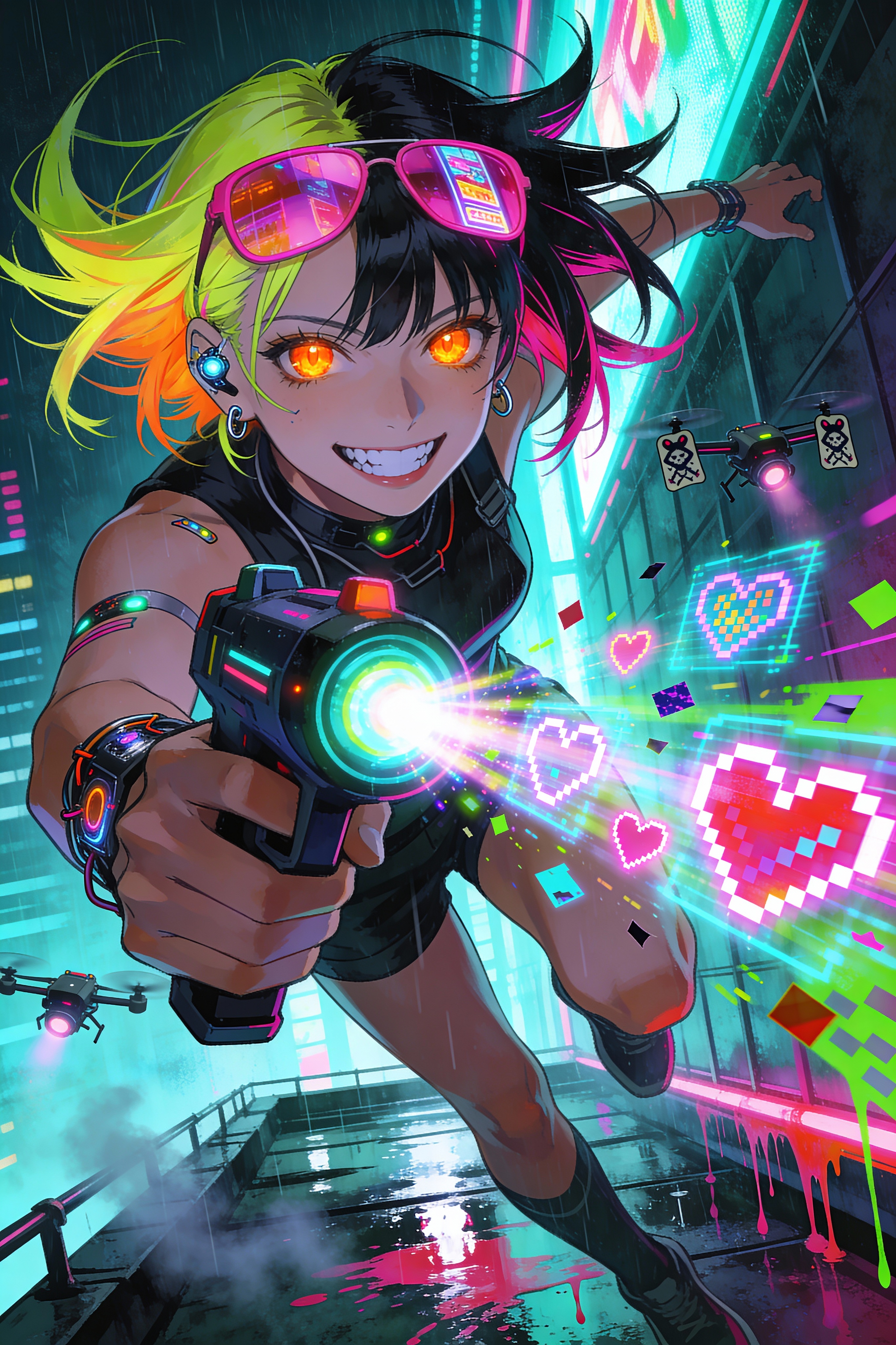 Energetic neon-lit anime heroine with rainbow hair firing a glowing gun in a rain-soaked cyberpunk city.