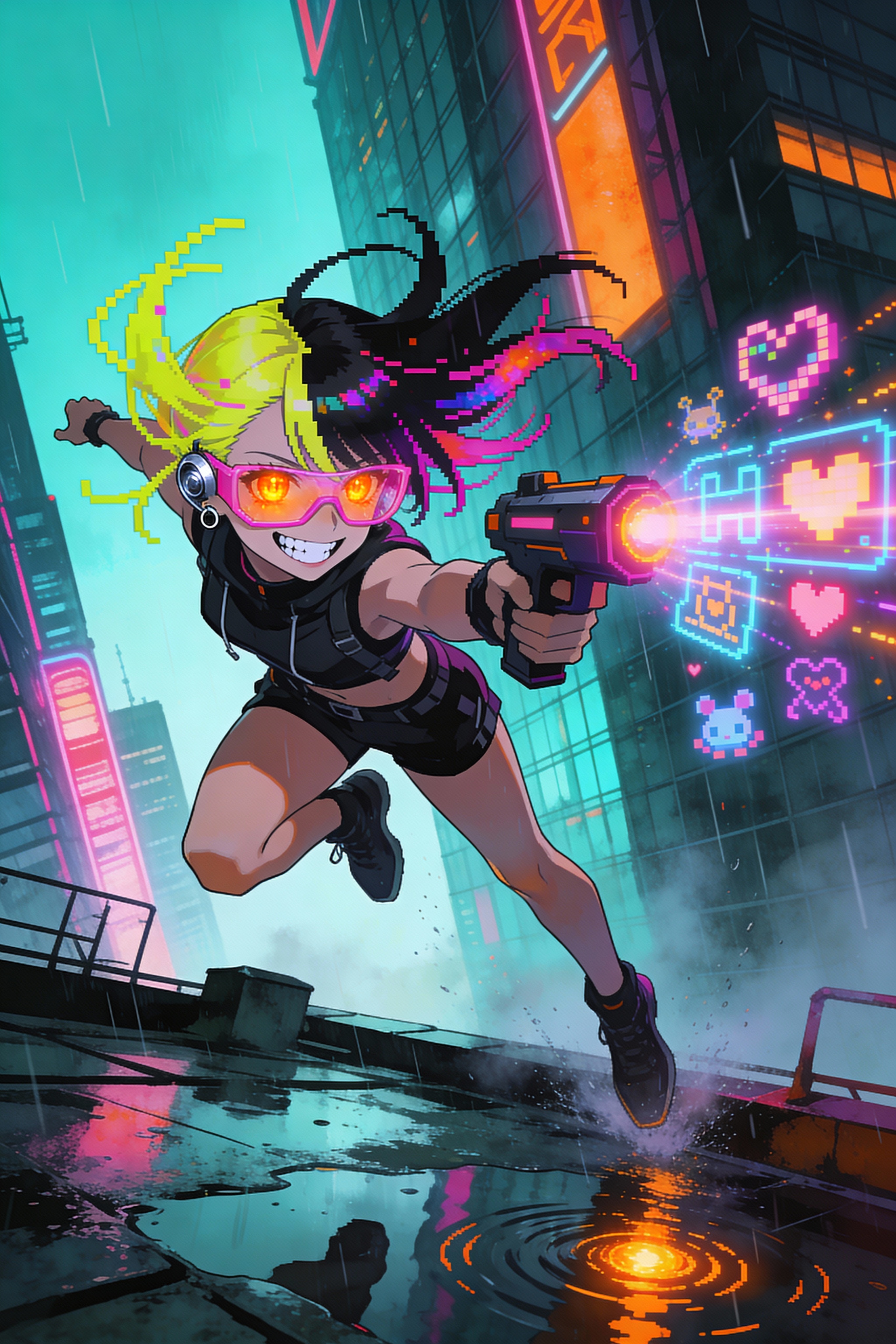 Dynamic cyberpunk heroine with neon hair, goggles, and a futuristic blaster leaping over a rain-soaked street.