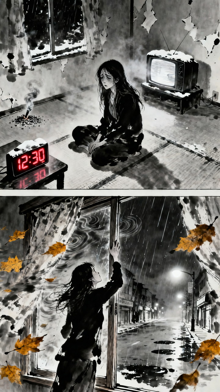 Noir grayscale scenes of a lone girl indoors and then outside in rain, split into two panels.