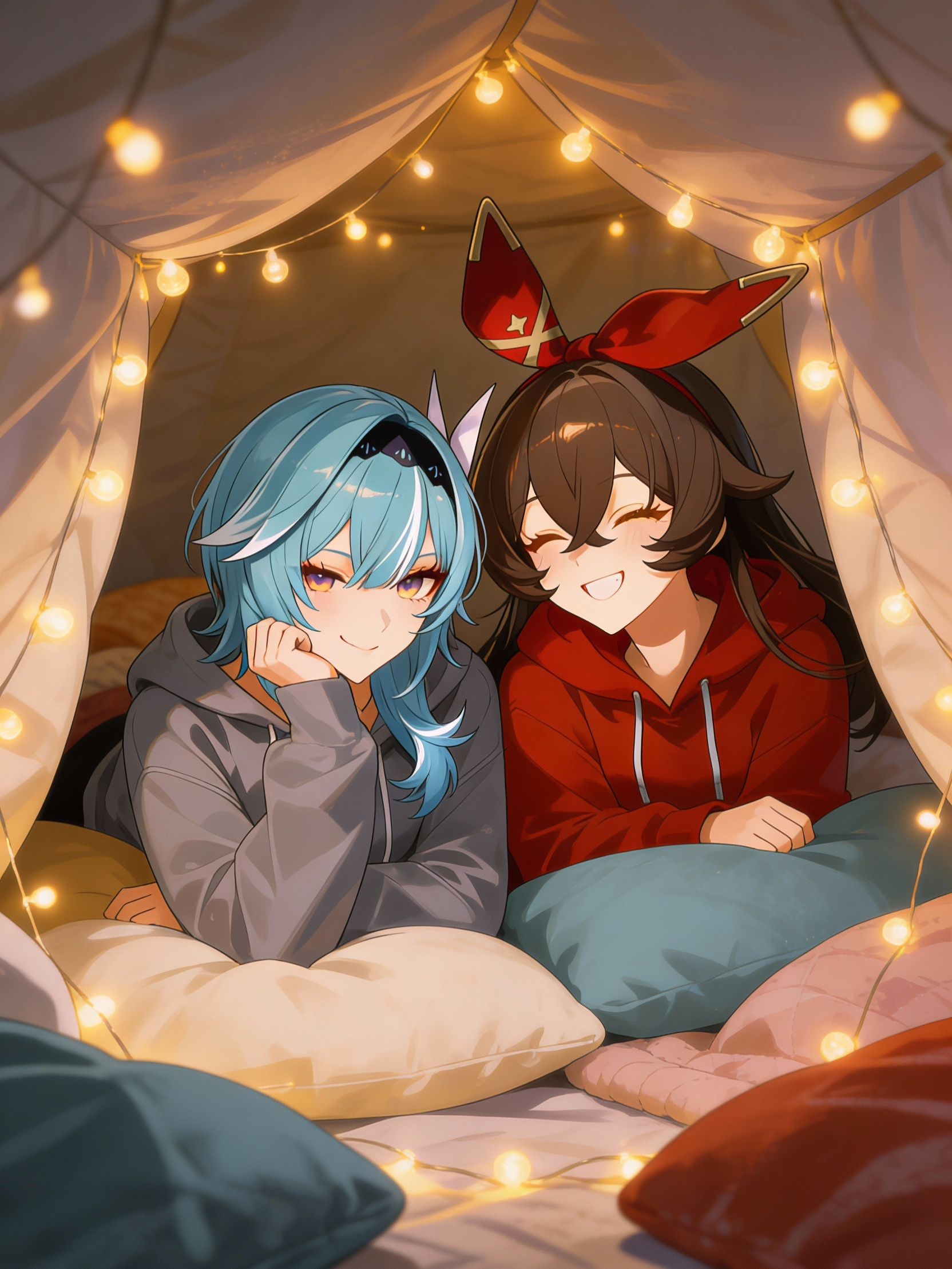 Two anime-style girls cuddle in a cozy tent illuminated by string lights.