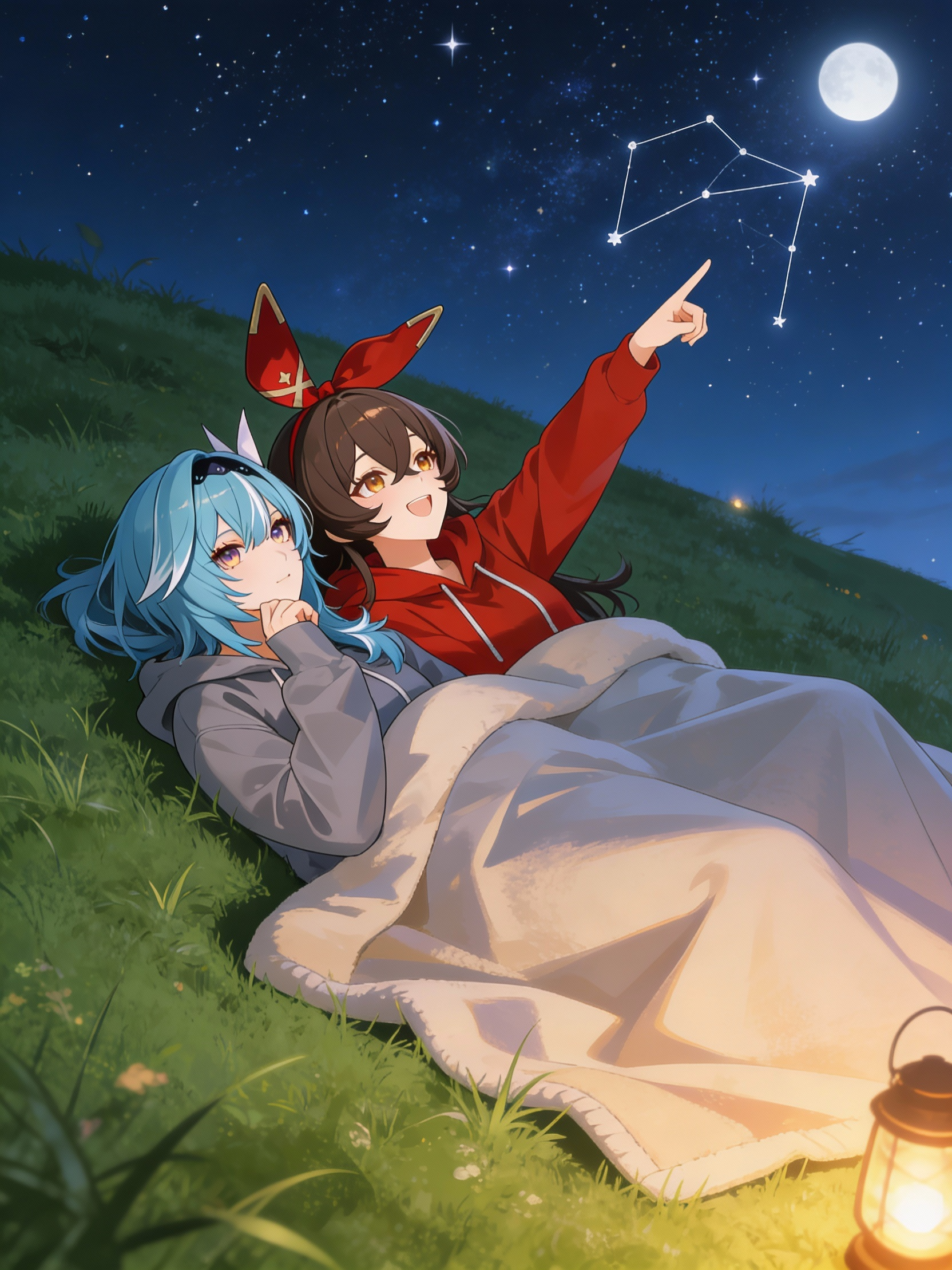 Two anime girls lying on a grassy hill at night, stargazing as one points to a constellation.