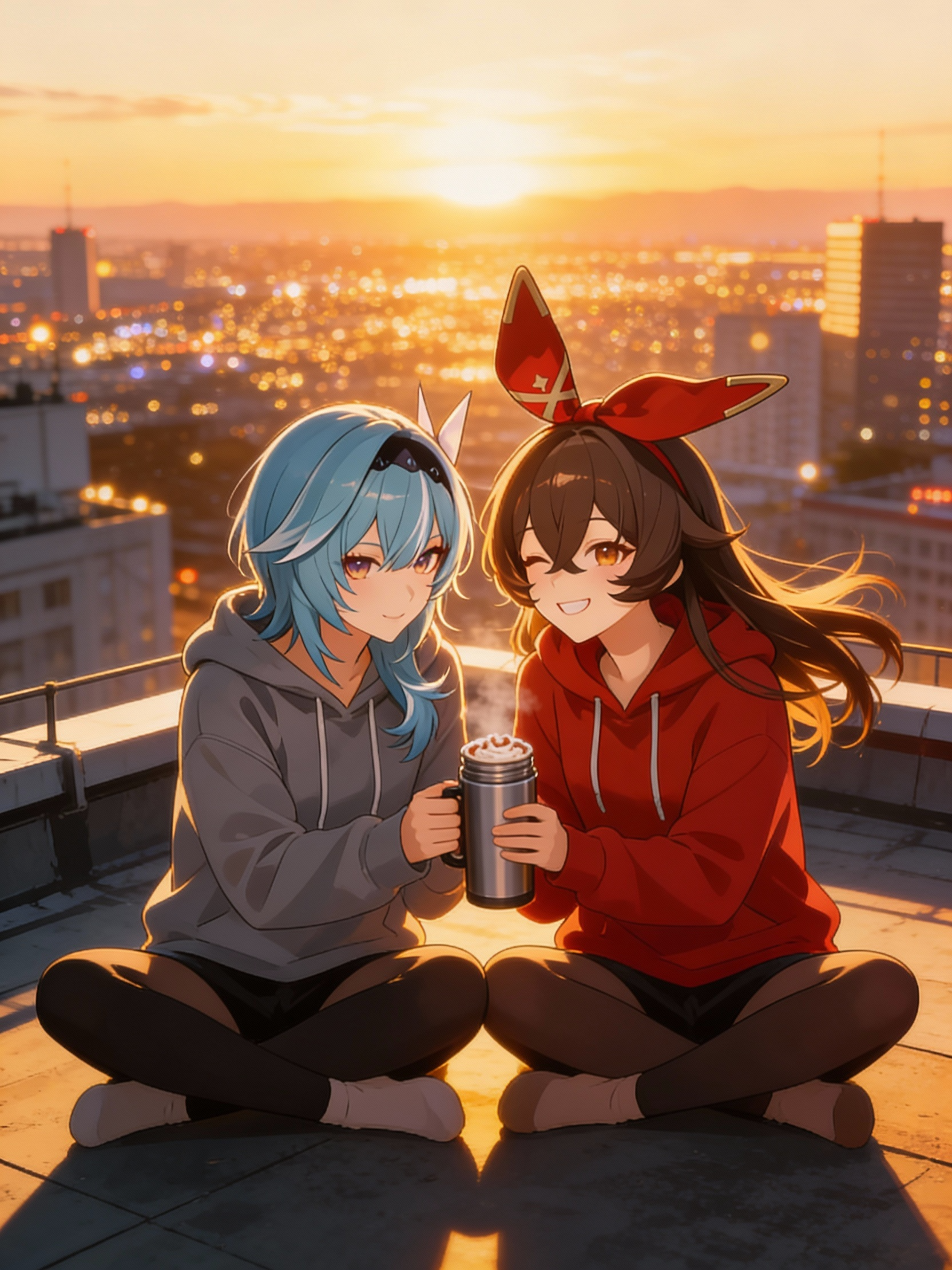 Two anime-style girls in hoodies sit on a rooftop at sunset, sharing a drink from a tumbler.