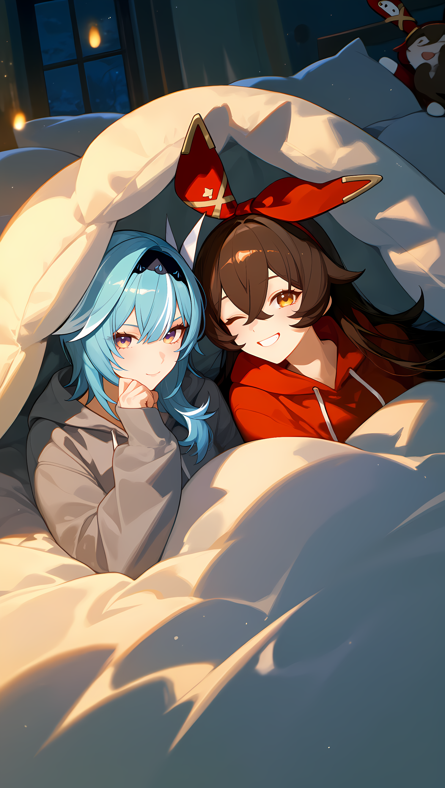 Two anime-style girls cuddled under a fluffy blanket: one with blue hair in a gray hoodie, the other with brown hair in a ...