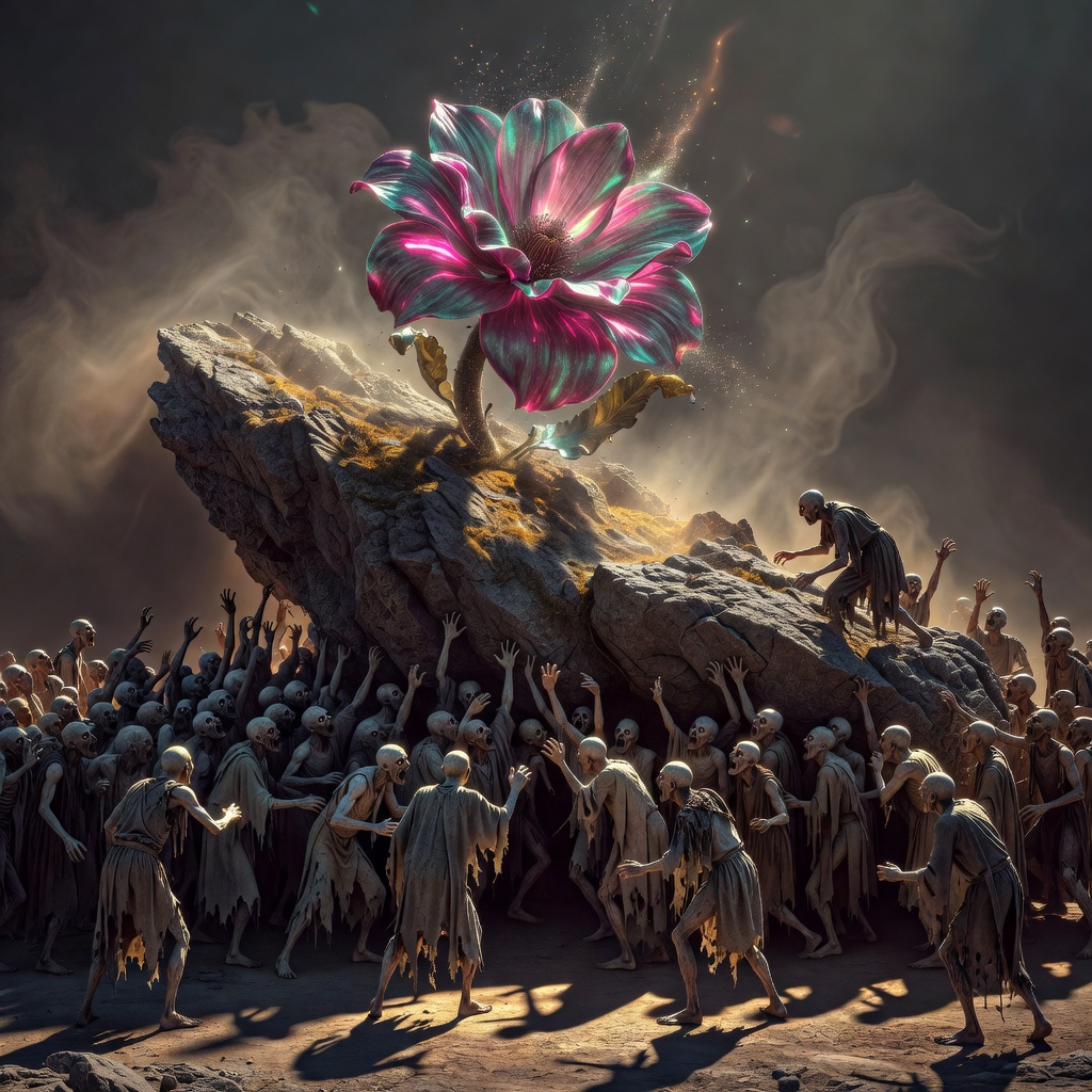 Giant iridescent flower on a rocky outcrop surrounded by an army of zombies.