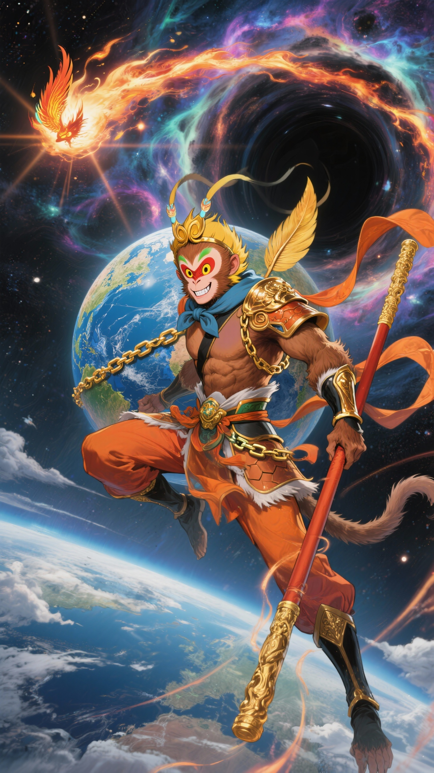Dynamic Monkey King hero in space with golden staff, Earth backdrop and fiery phoenix.