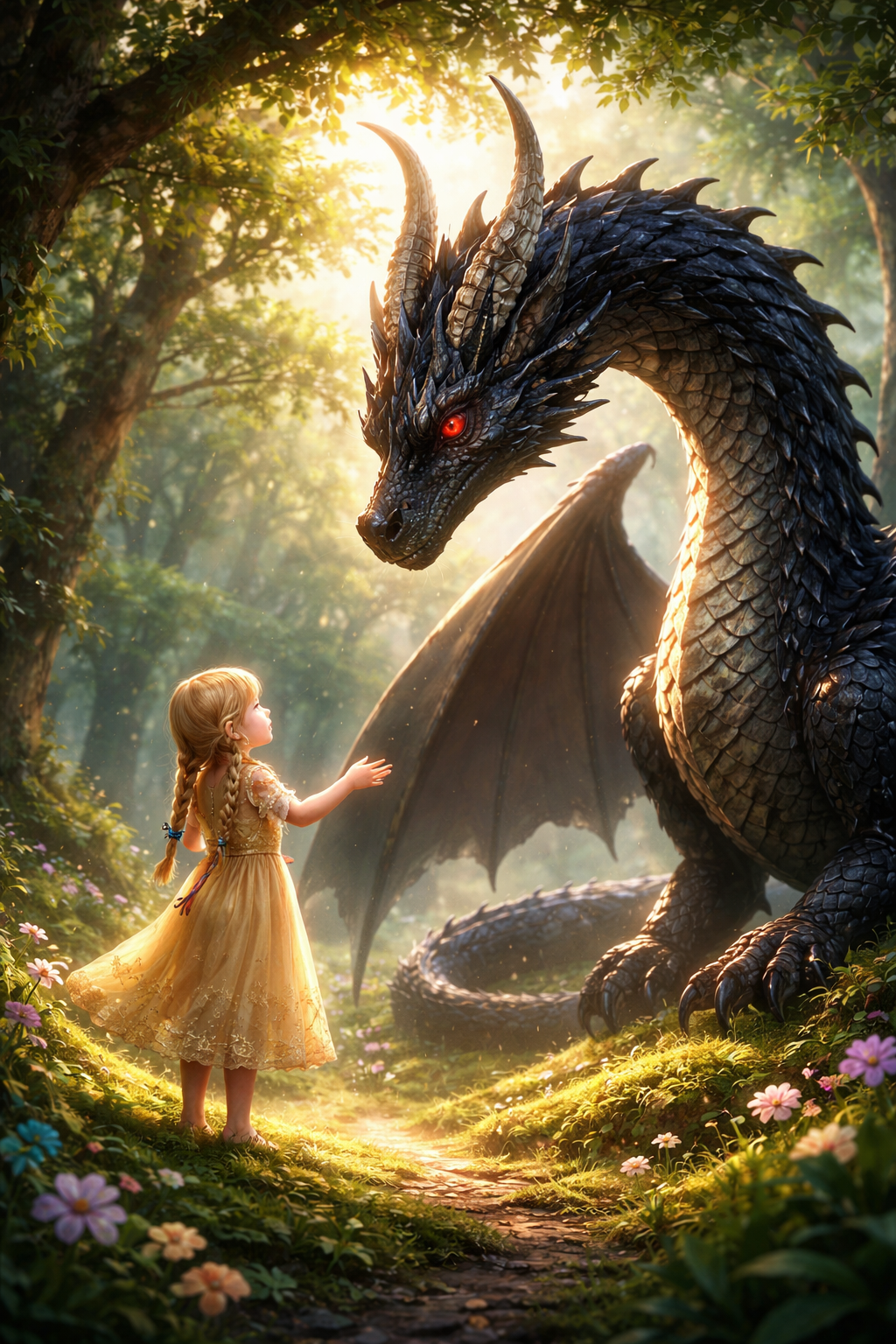 Young girl in a golden dress faces a colossal dark dragon in a sunlit forest.