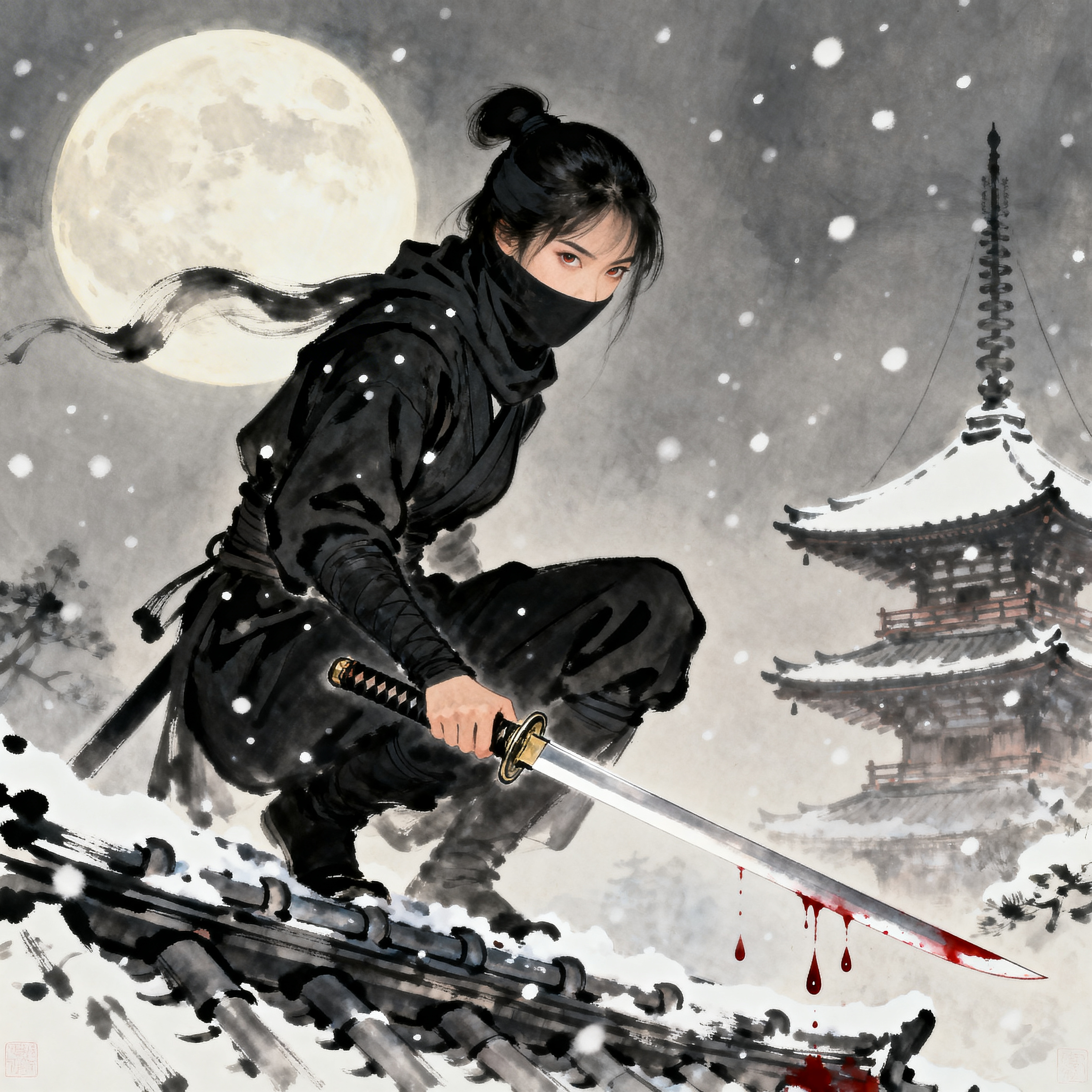 A masked ninja in black crouches on a snowy rooftop, wielding a bloodied katana under a full moon.