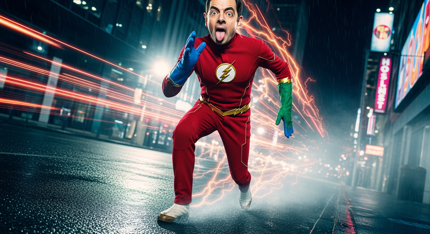 Man in a Flash costume running through a neon city street with lightning effects.