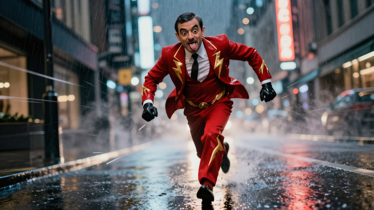 Man in a red superhero suit with yellow accents running through a rainy urban street.