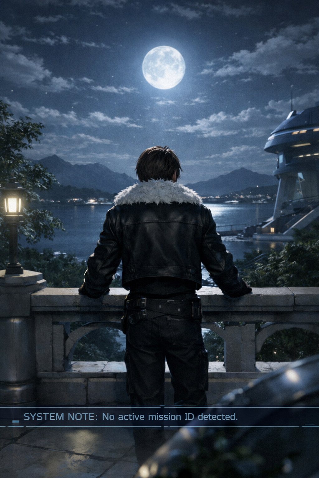 Person in a black leather jacket with fur collar stands on a balcony at night, overlooking a moonlit city by a lake.