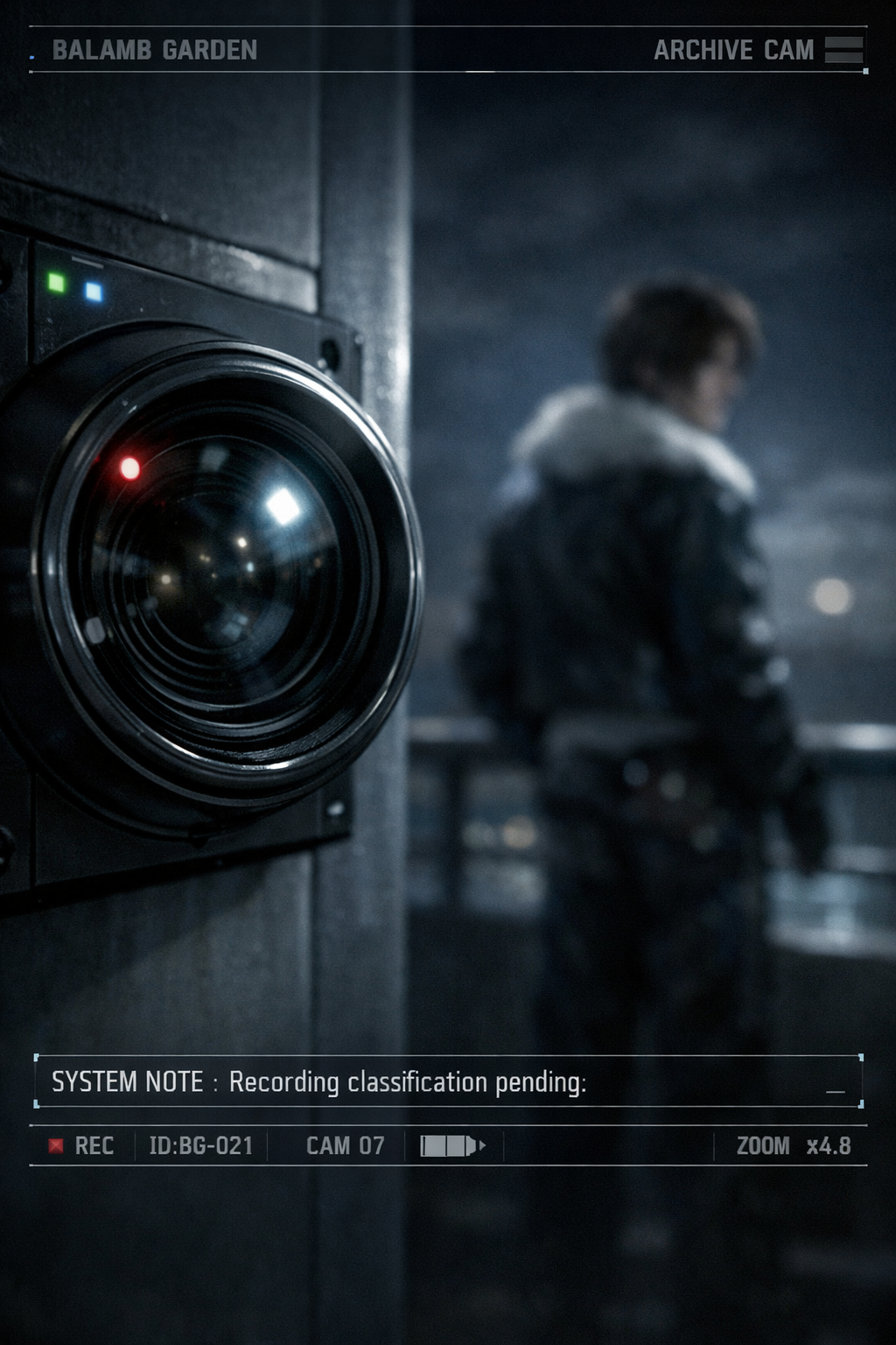 Close-up of a surveillance camera on a dark wall with a blurred figure in the background and archive cam UI overlays.