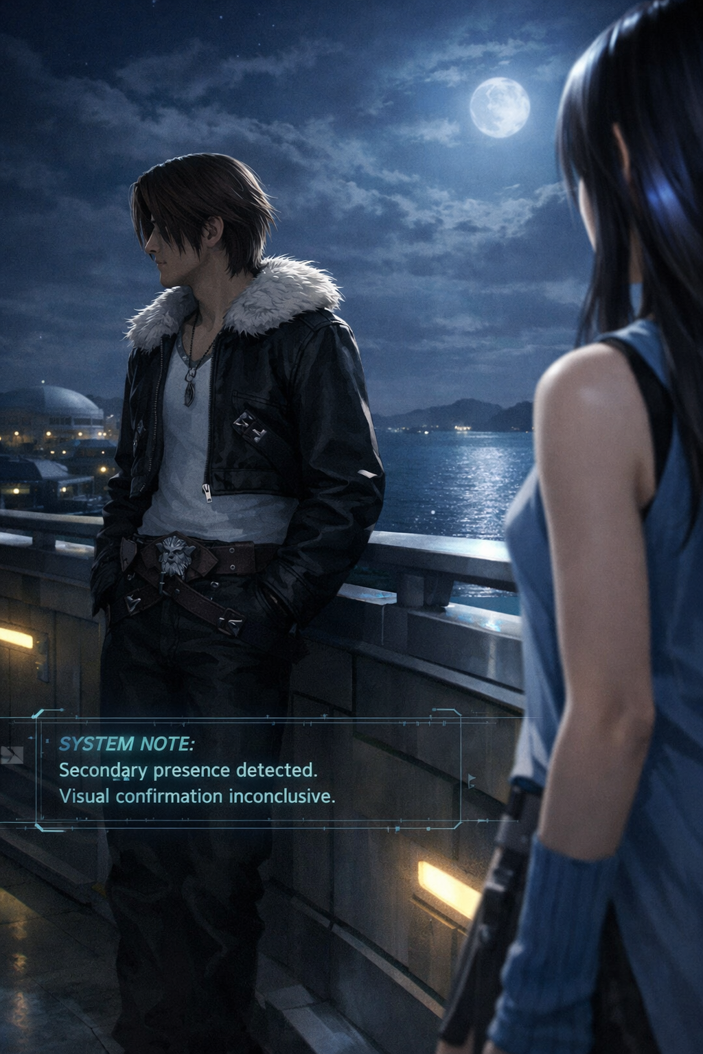 Two characters on a moonlit pier with a holographic UI overlay in a night-city setting.