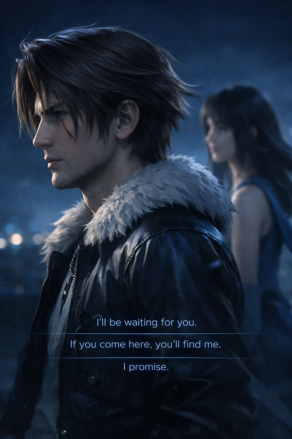 Two characters in a moody blue-night scene; foreground male with fur-collared jacket and cheek scar, blurred woman in back...