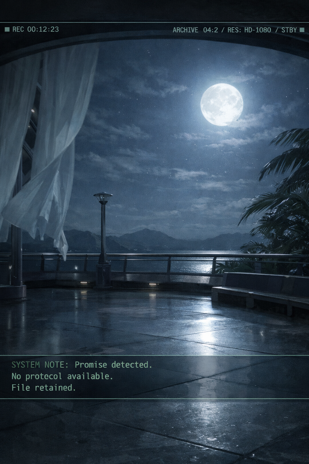 Moonlit seaside balcony with sheer curtains, wet reflective floor, full moon over the ocean and palm trees.