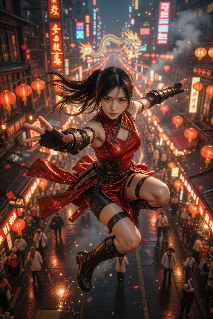 Female martial-arts cosplay in a red outfit leaping mid-air over a neon-lit Chinatown street at night