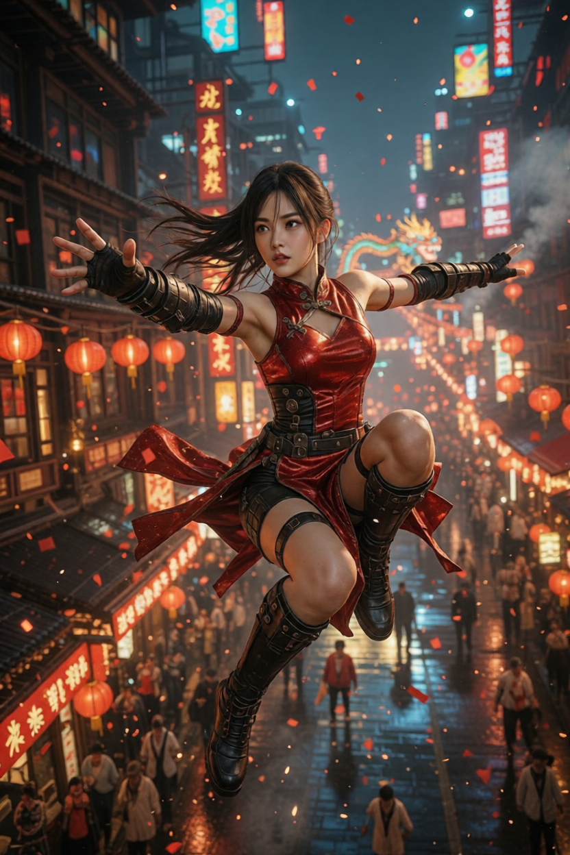 Dynamic woman in red combat outfit leaping through a neon-lit Chinese street at night.