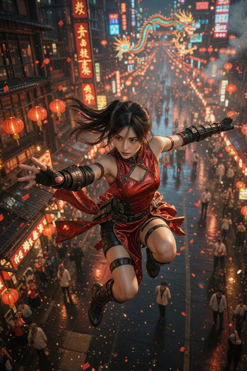 Female action hero in a red warrior outfit leaps over a bustling neon-lit street festival.