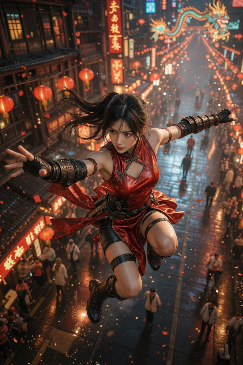 Dynamic female martial-arts cosplayer leaping above a neon-lit Chinatown street.
