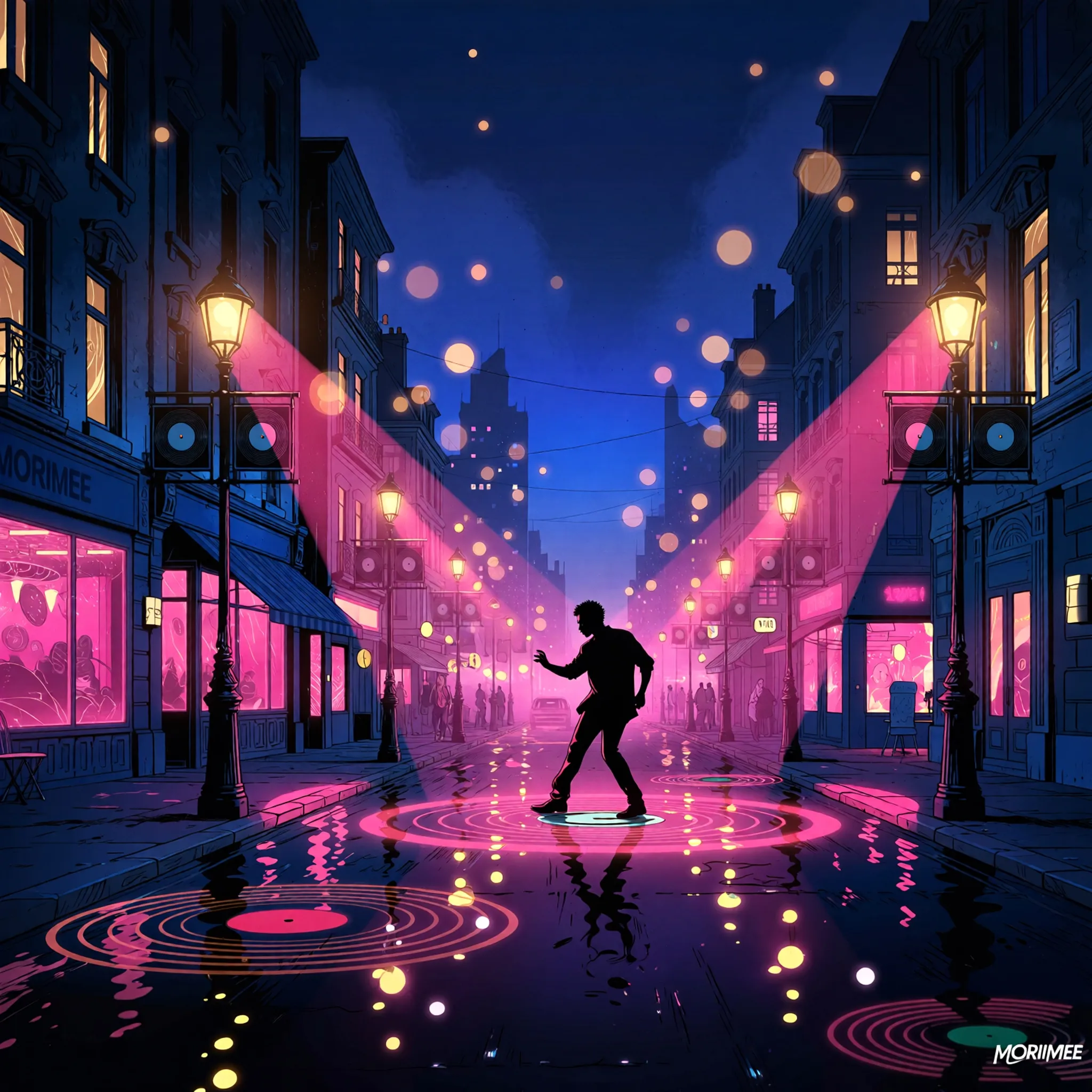 Silhouette dancer on a neon-lit city street with pink glow and reflective water.