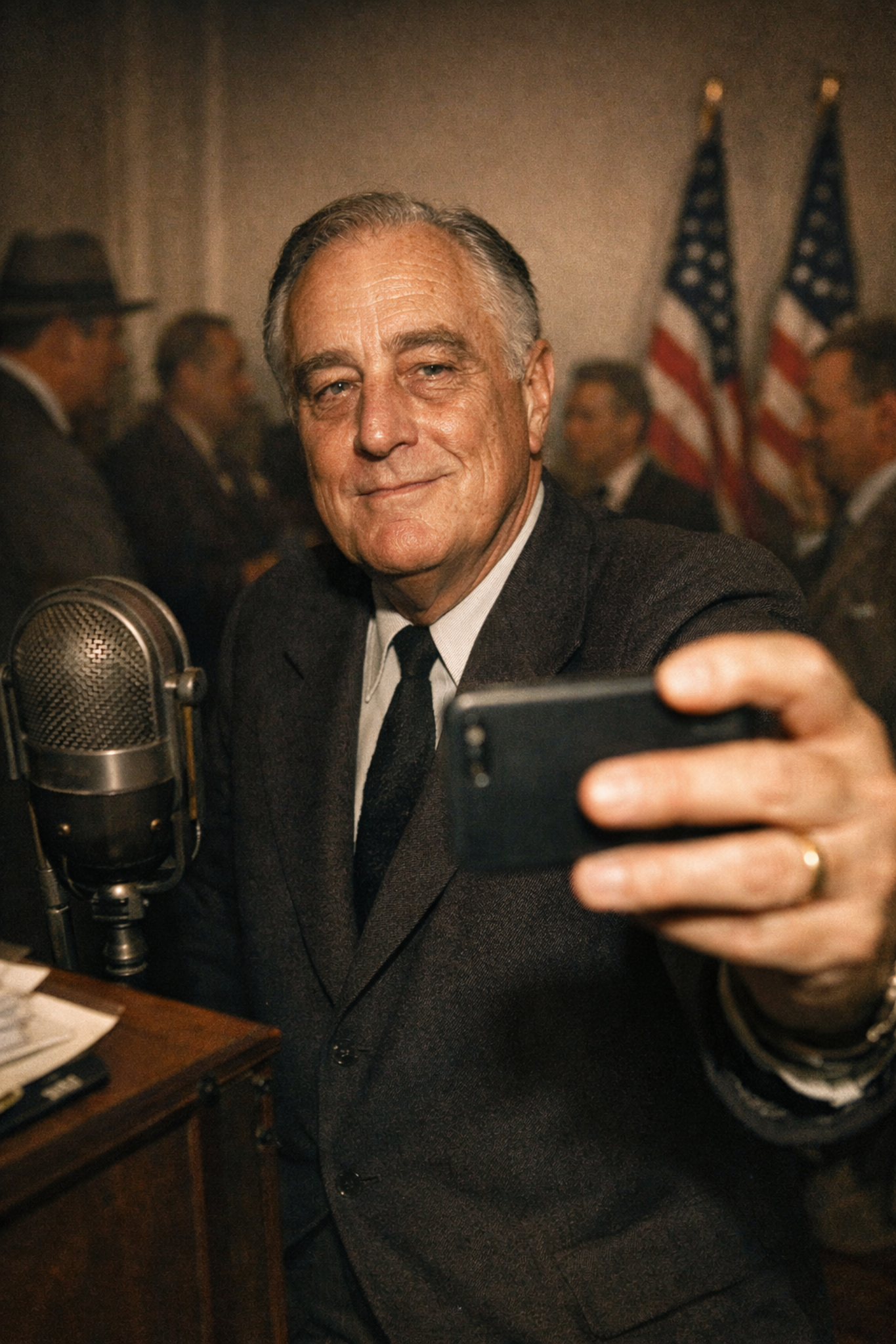 Older man in a suit takes a selfie at a vintage microphone in a broadcast studio with American flags in the background.