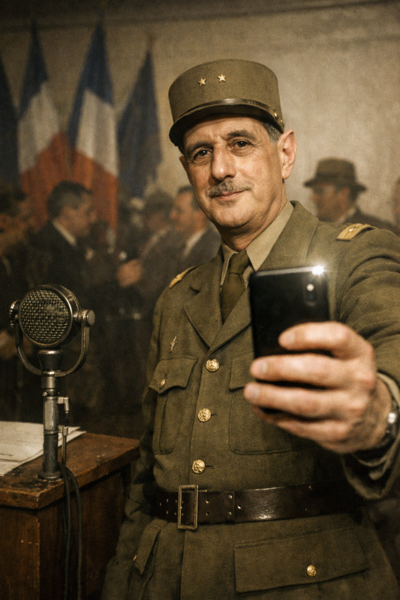 WWII-era French military officer taking a selfie in a radio studio.