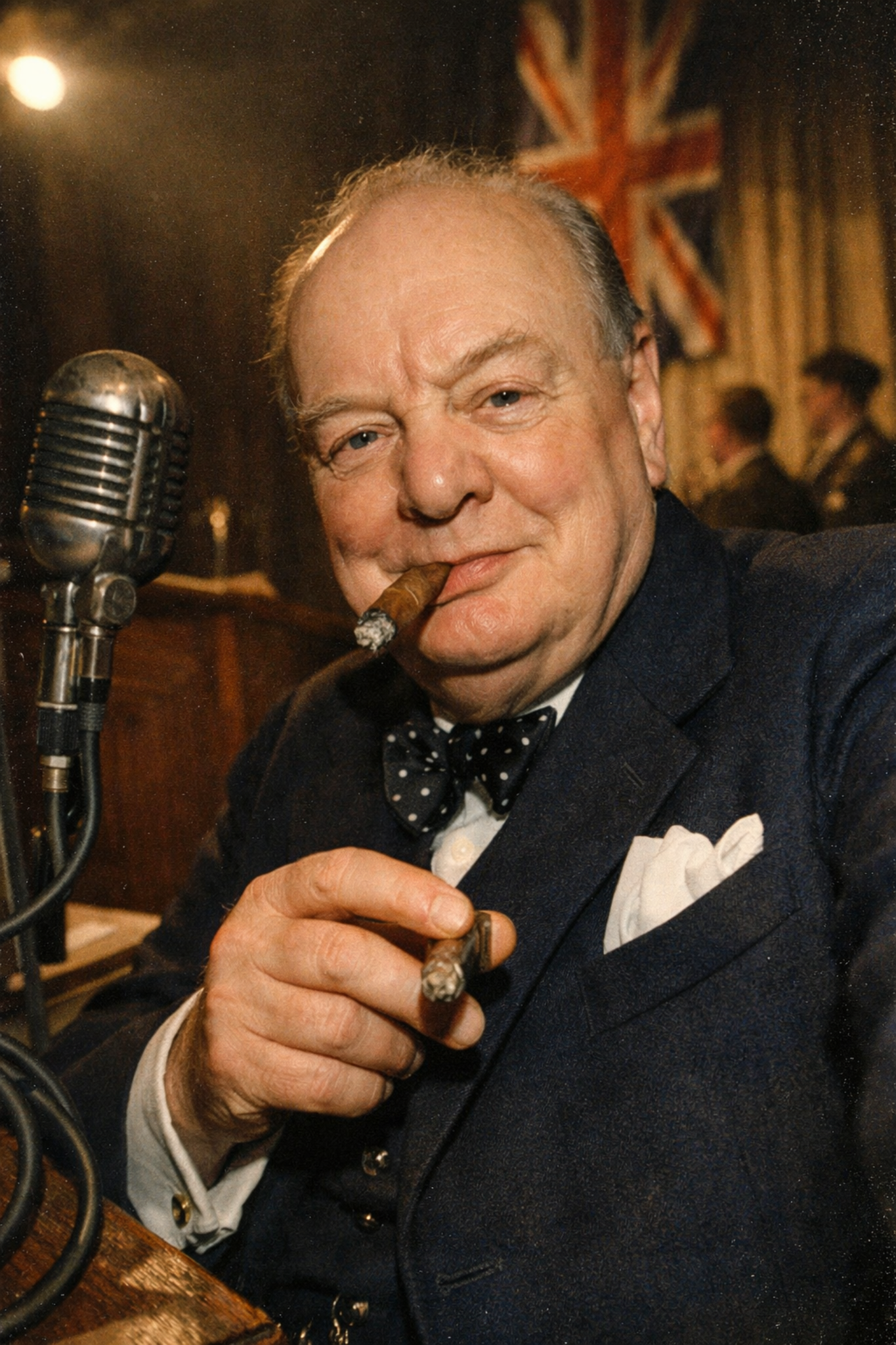 Older gentleman in a suit with a bow tie smoking a cigar beside a vintage microphone.