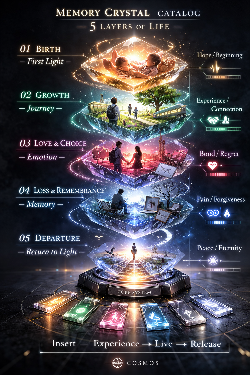 Infographic of five crystal layers depicting birth, growth, love, loss, and departure with colorful holographic visuals.