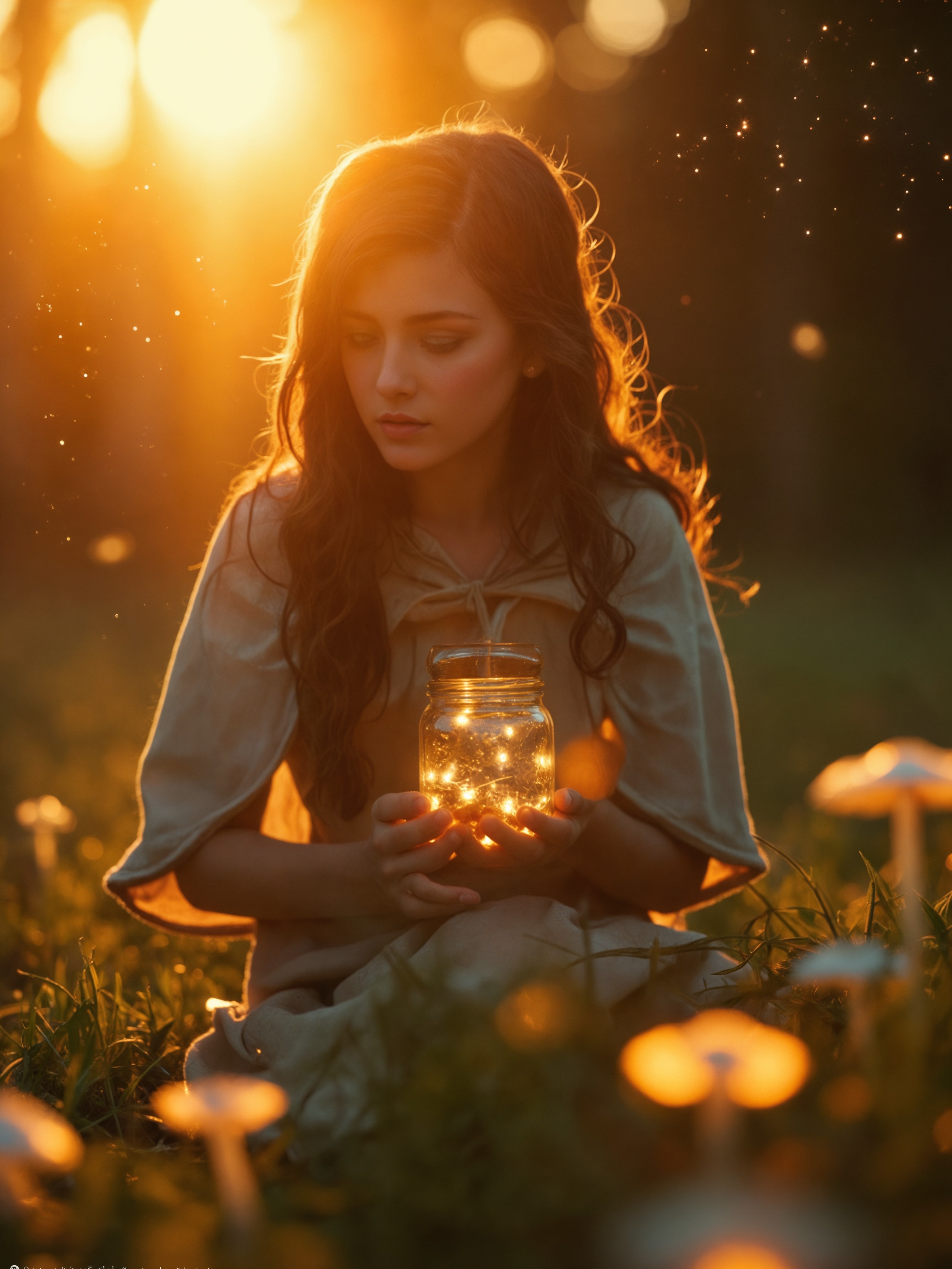 Young woman in a cream dress sits in a sunlit field at sunset, holding a jar filled with glowing fairy lights.