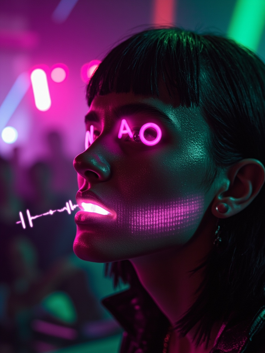 Portrait of a woman under neon pink and green lights with LED glow and letters projected on her face.