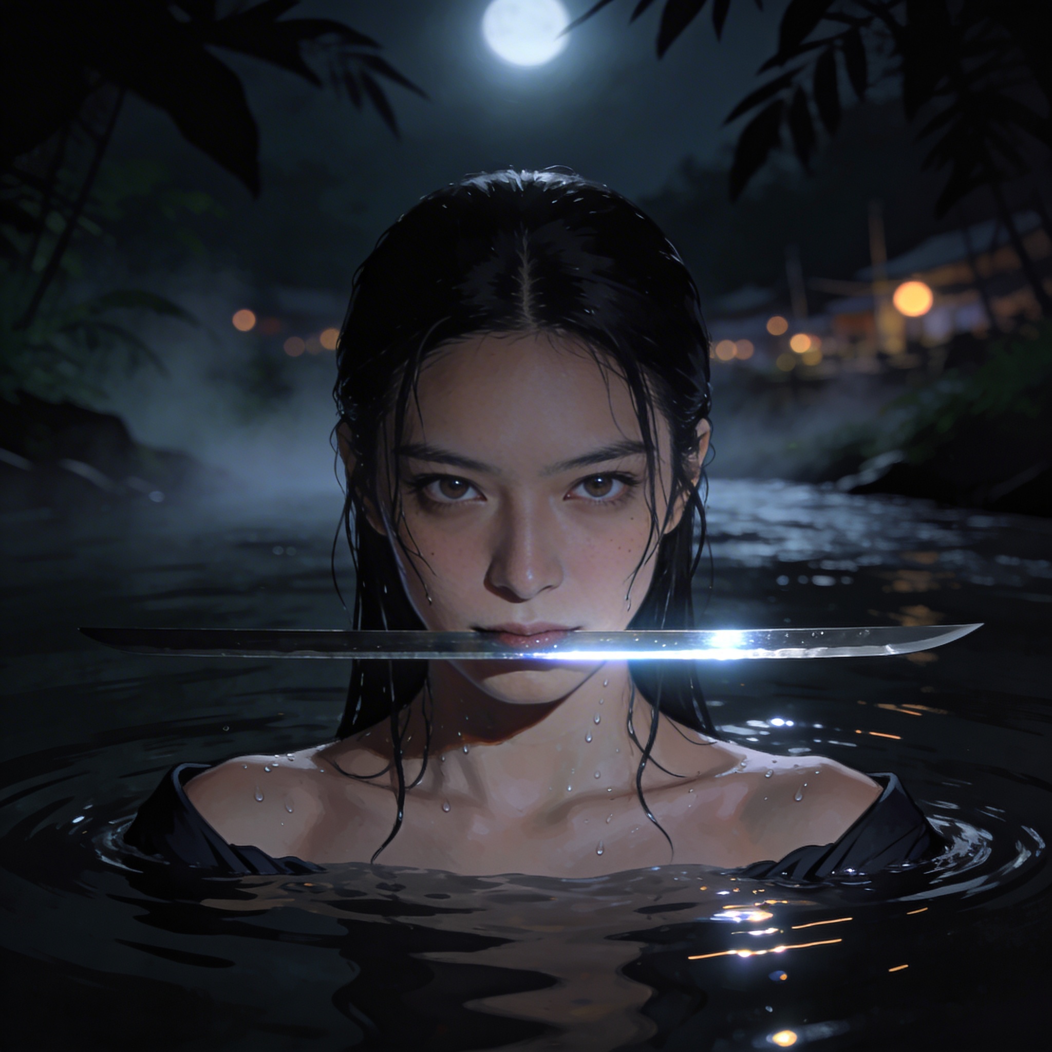 Woman in dark water at night with a glowing sword held between her lips, moonlit forest backdrop.