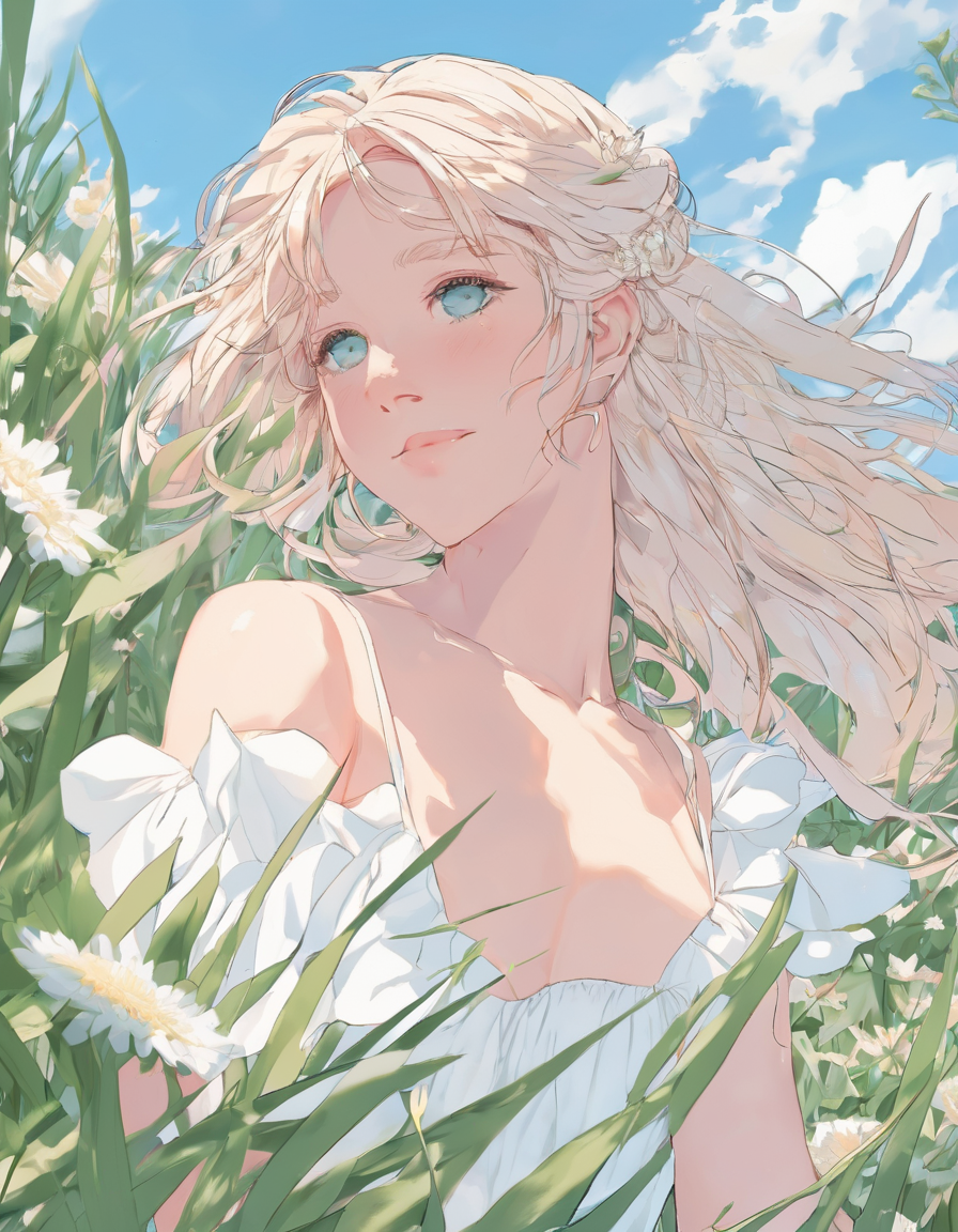 Anime-style woman with blonde hair in a white dress in a sunny flower field.