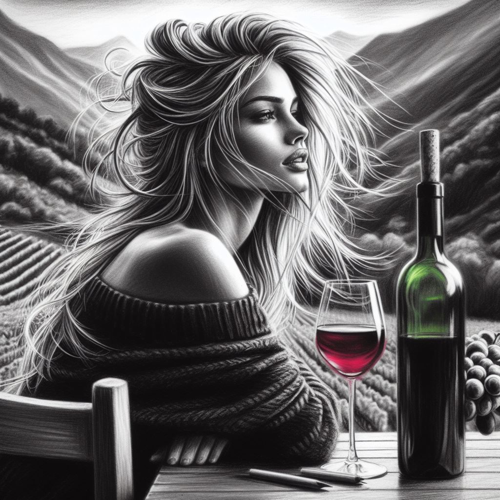 Grayscale painting of a woman with wind-swept hair, wine glass and bottle on a wooden table.