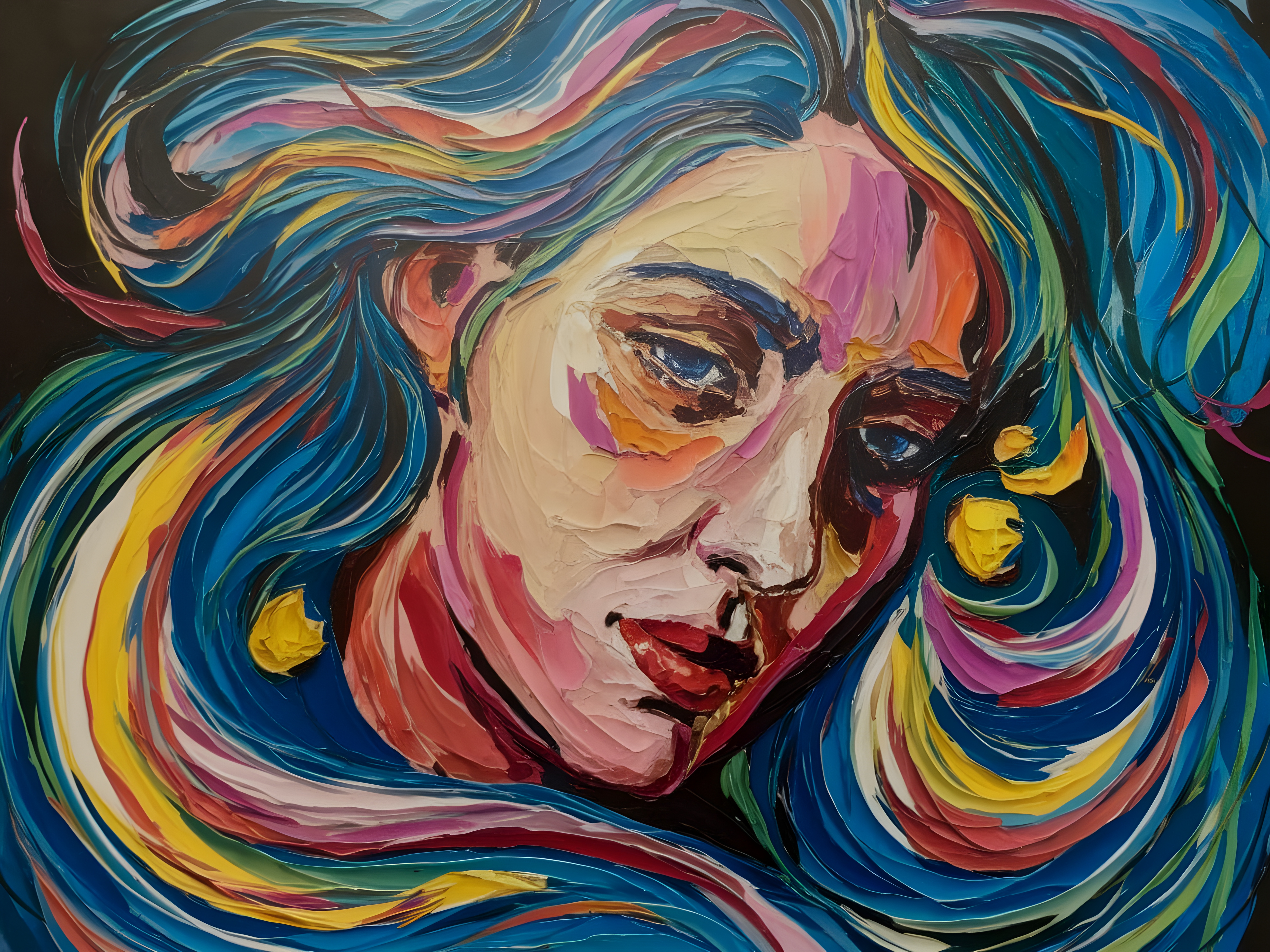 Colorful abstract portrait with flowing, brushstroke hair in blues, yellows, and pinks.