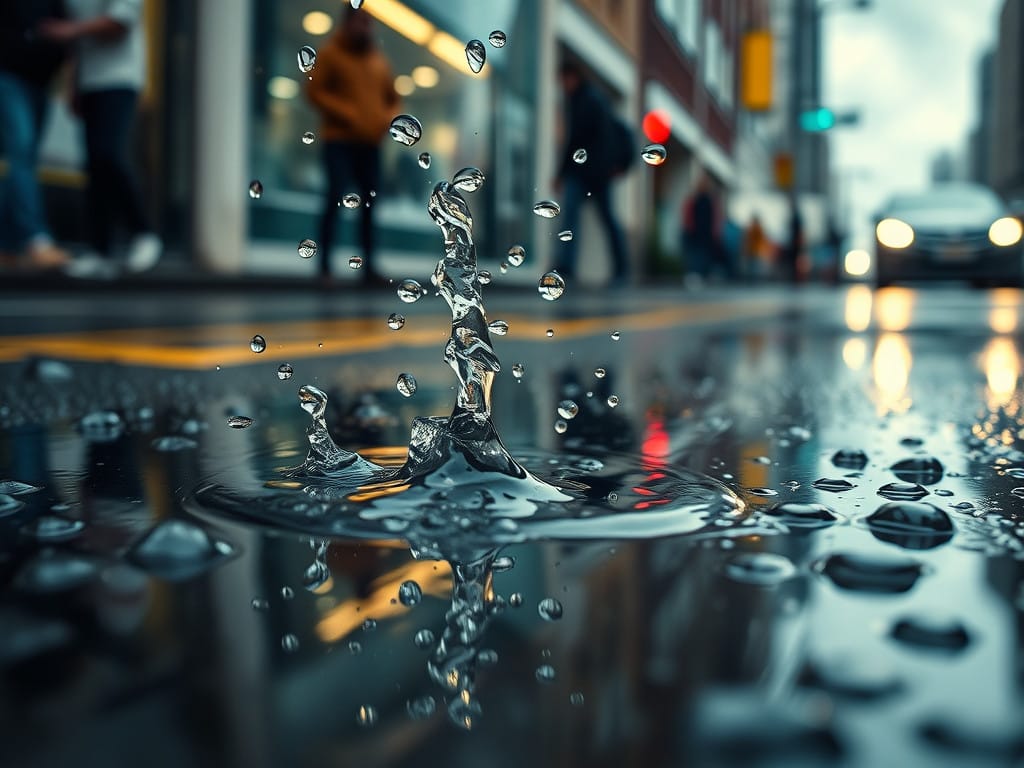 Close-up of a splash in a city puddle after rain with blurred pedestrians and cars in the background.