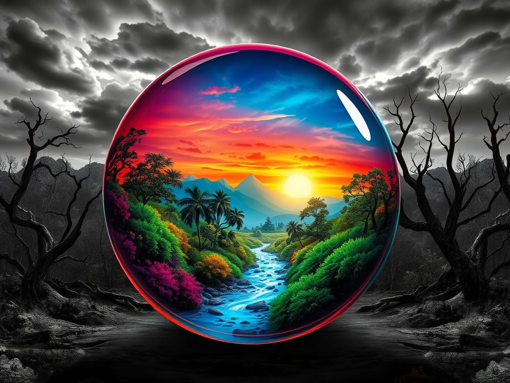 Glass globe reveals a vibrant tropical landscape with a sunset over a river and mountains.