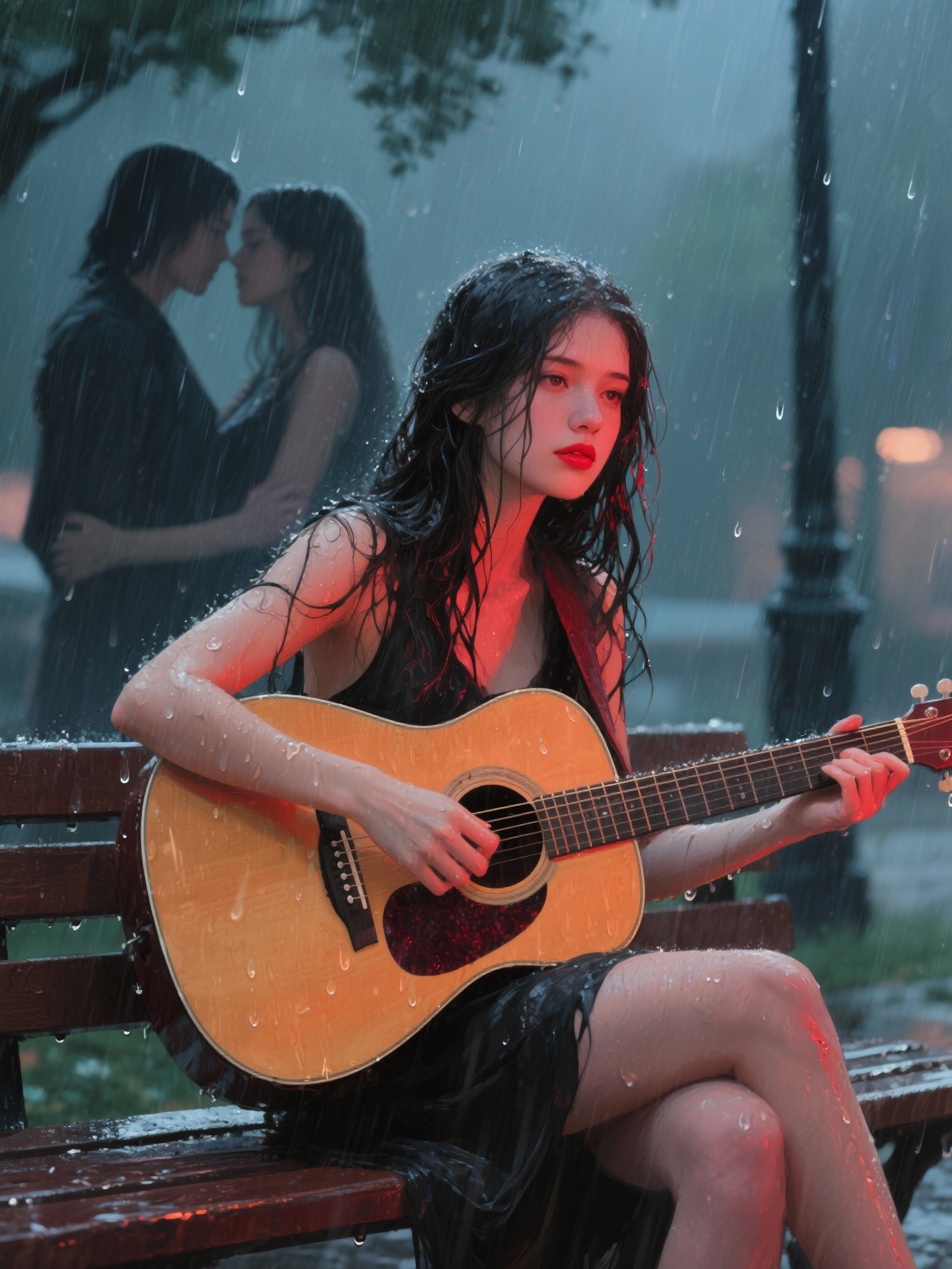 Young woman playing an acoustic guitar on a rain-soaked bench with a blurred couple kissing in the background.